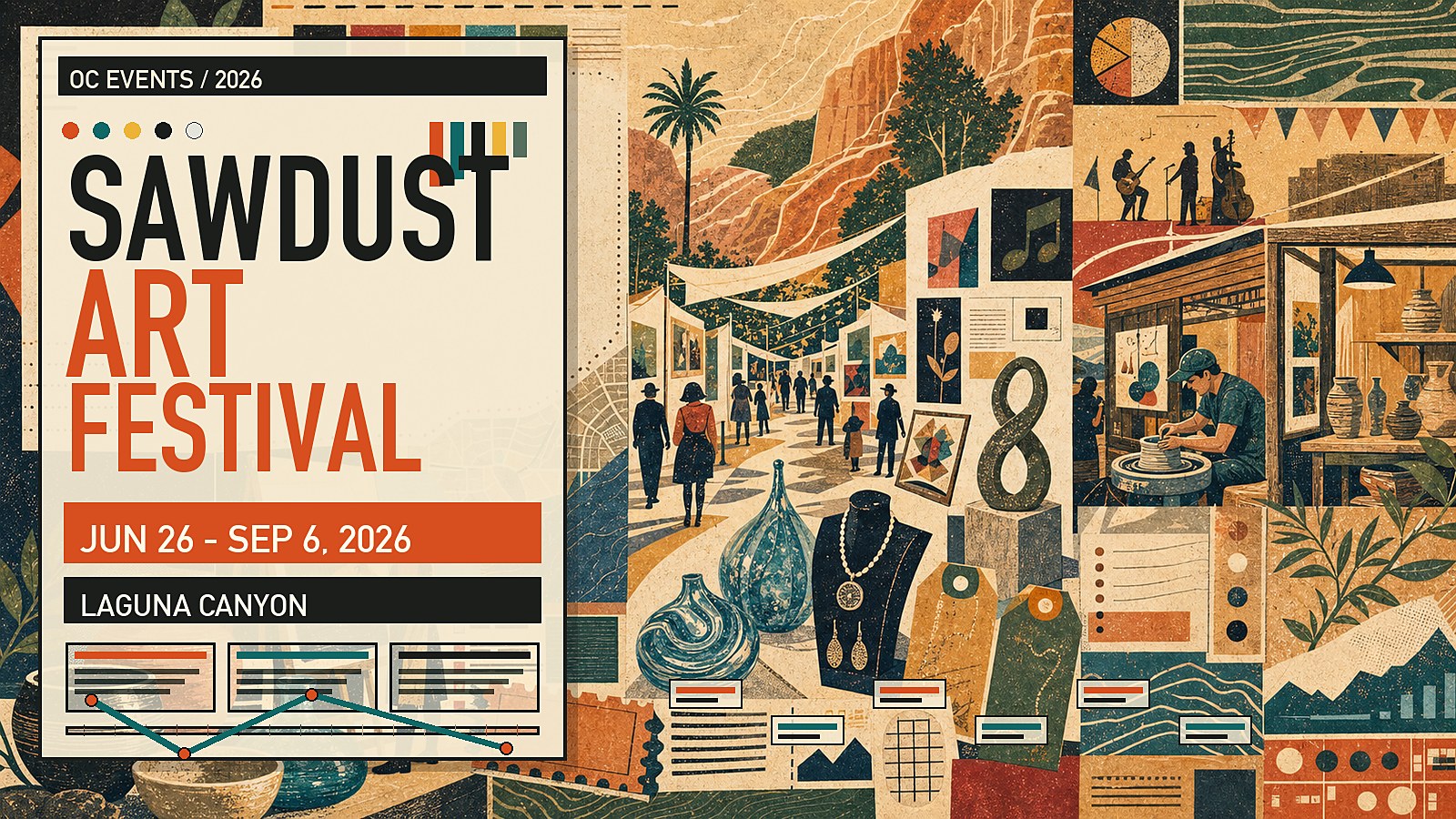 Editorial illustration of the Sawdust Art Festival in Laguna Canyon, with 180-plus resident artist booths, three live music stages, and sawdust-lined paths.