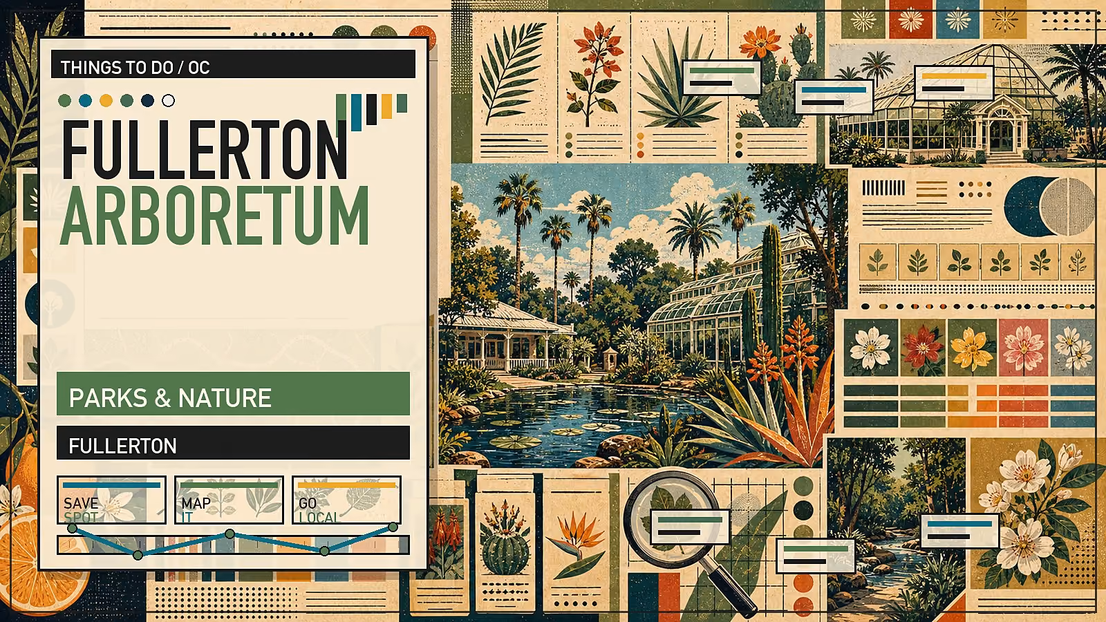 Editorial illustration of Fullerton Arboretum with botanical-garden paths, mature trees, and pond in the CSUF-adjacent green space.