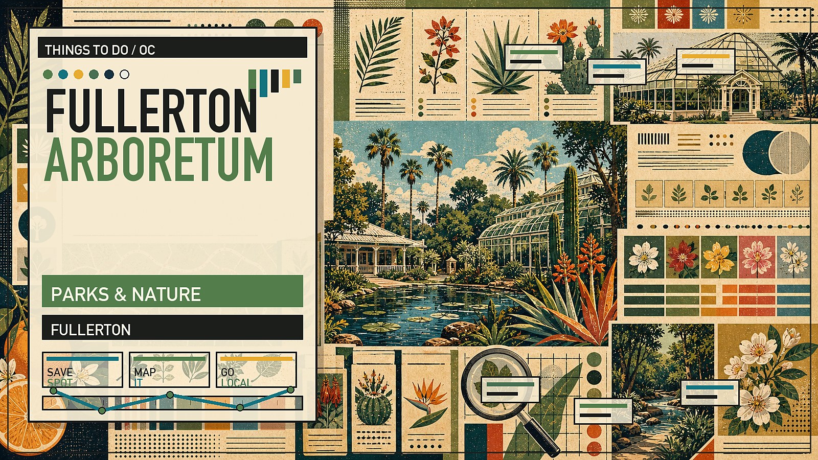 Editorial illustration of Fullerton Arboretum with botanical-garden paths, mature trees, and pond in the CSUF-adjacent green space.