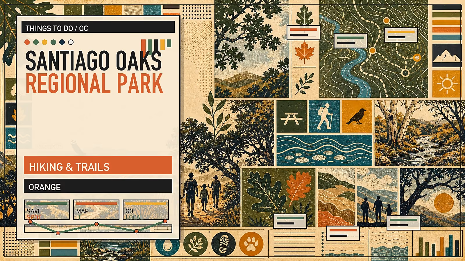 Editorial illustration of Santiago Oaks Regional Park with oak woodland, dirt trails, and creek-side terrain in inland Orange.