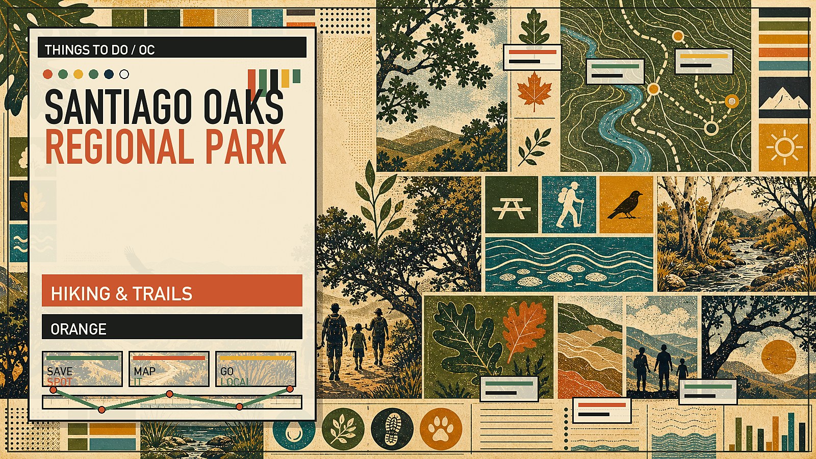 Editorial illustration of Santiago Oaks Regional Park with oak woodland, dirt trails, and creek-side terrain in inland Orange.