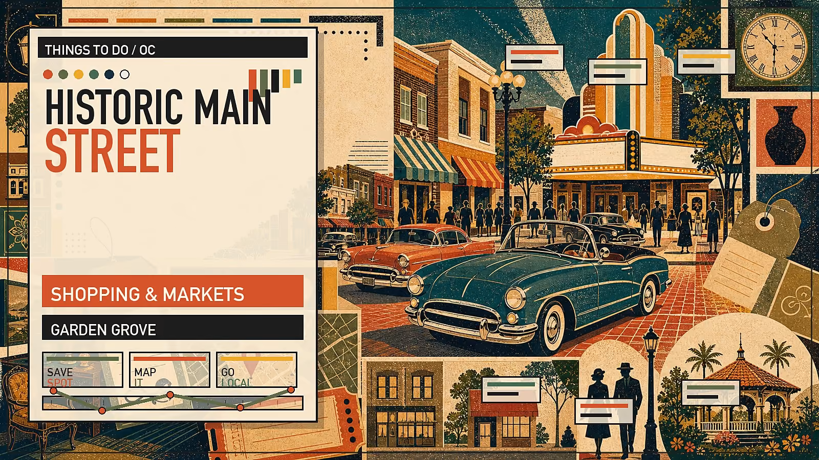 Editorial illustration of Historic Main Street in Garden Grove with restored storefronts, brick sidewalks, and small-city downtown character.