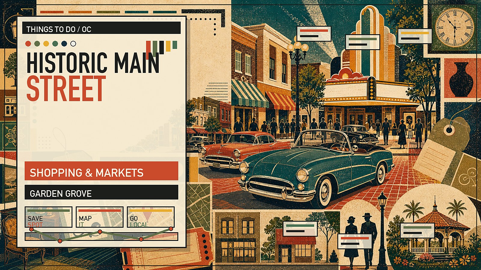Editorial illustration of Historic Main Street in Garden Grove with restored storefronts, brick sidewalks, and small-city downtown character.