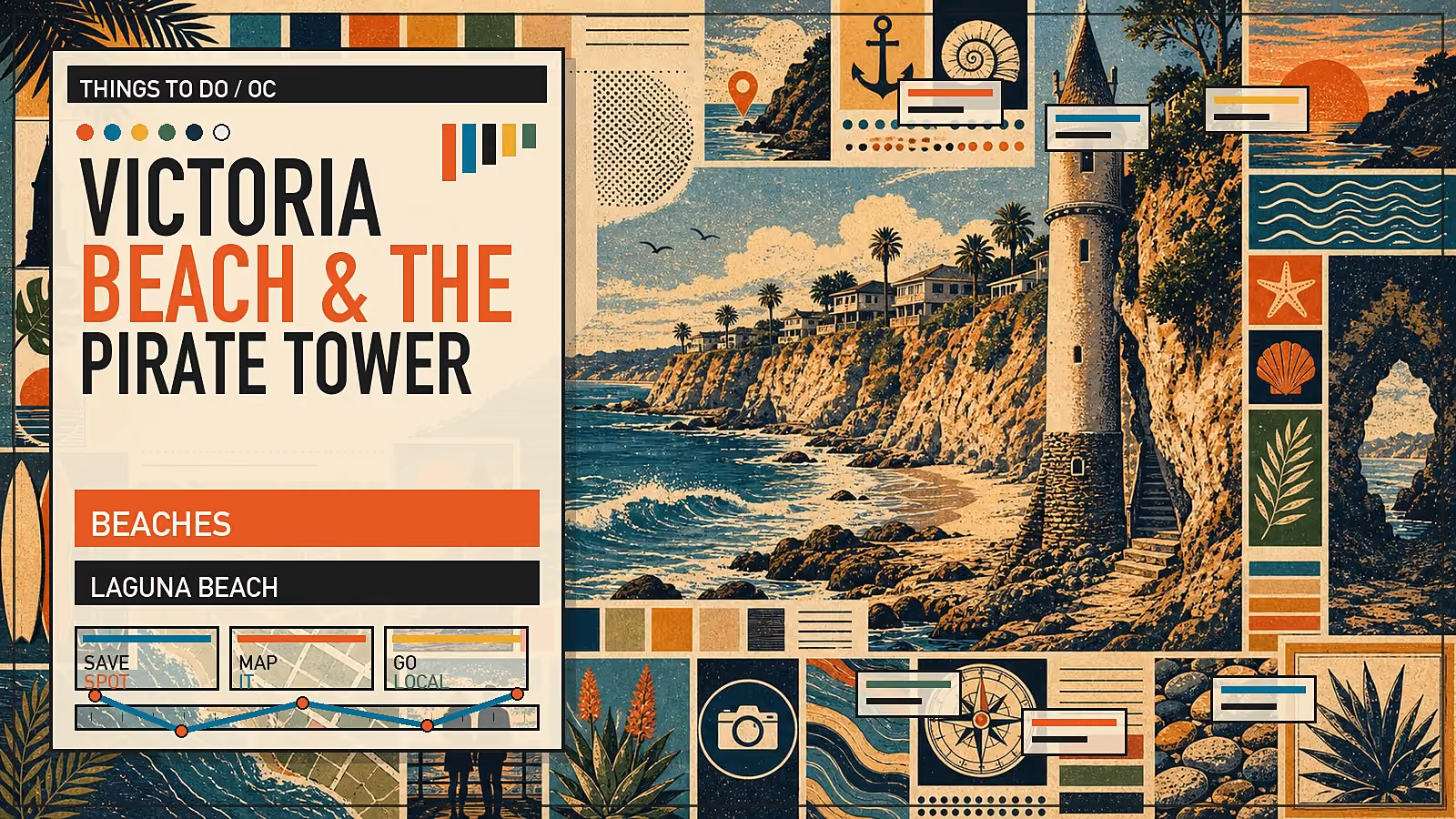 Editorial illustration of Victoria Beach in Laguna with the iconic La Tour pirate tower, sandstone bluffs, and rocky shoreline.