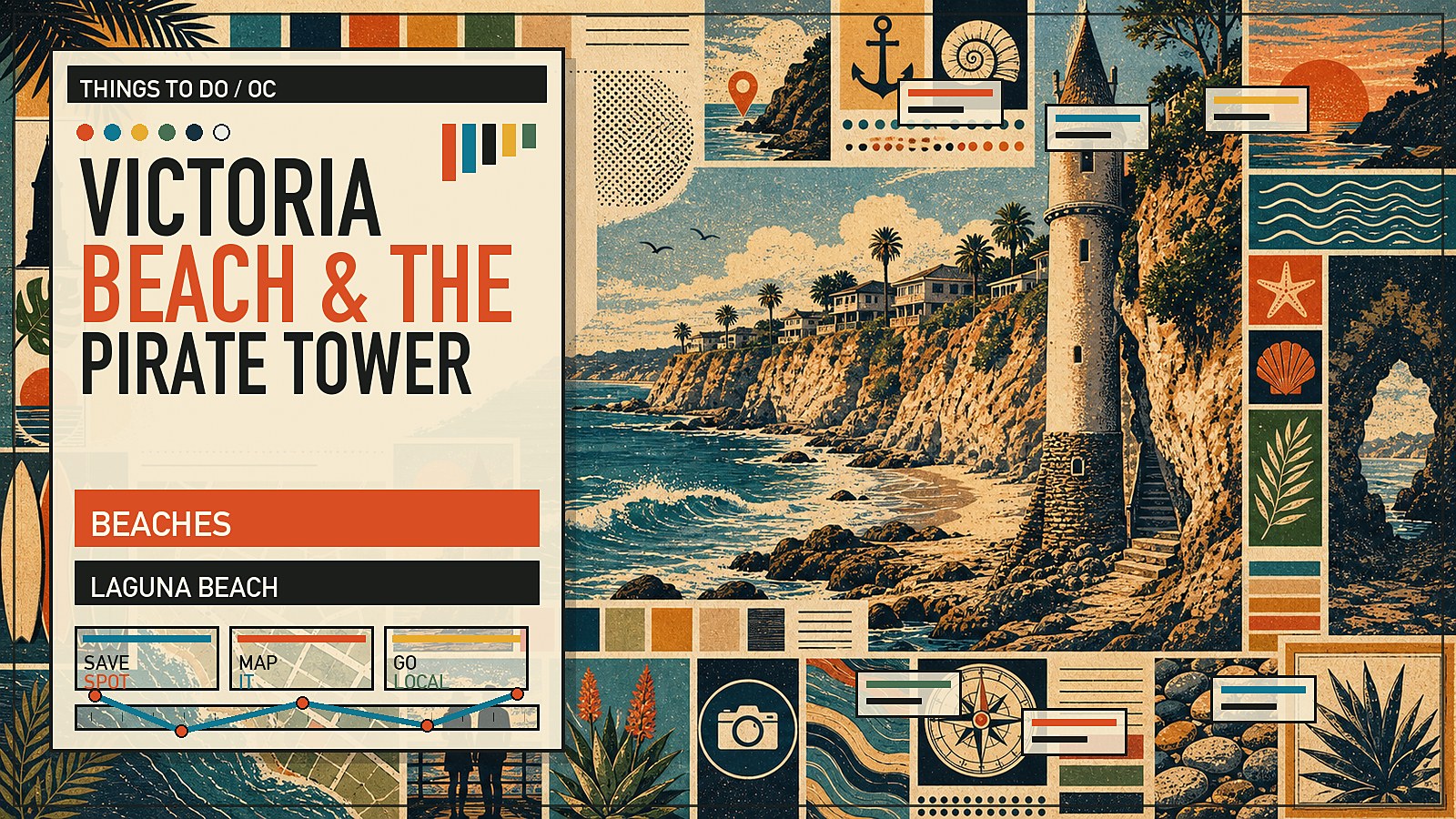 Editorial illustration of Victoria Beach in Laguna with the iconic La Tour pirate tower, sandstone bluffs, and rocky shoreline.