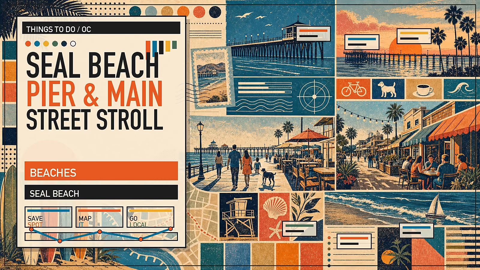 Editorial illustration of Seal Beach with wooden pier, Main Street shops, and small-town coastal storefronts.