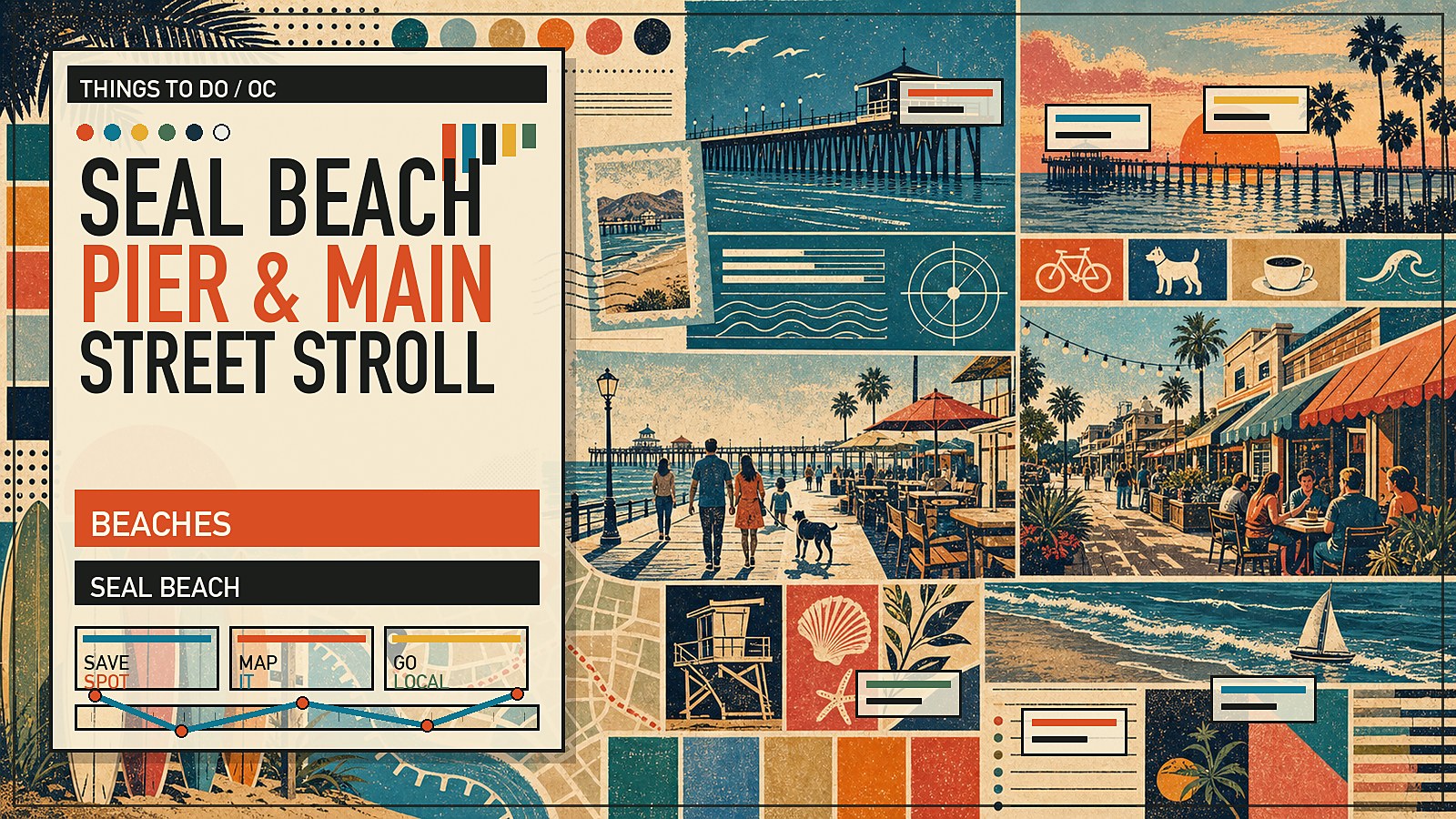 Editorial illustration of Seal Beach with wooden pier, Main Street shops, and small-town coastal storefronts.