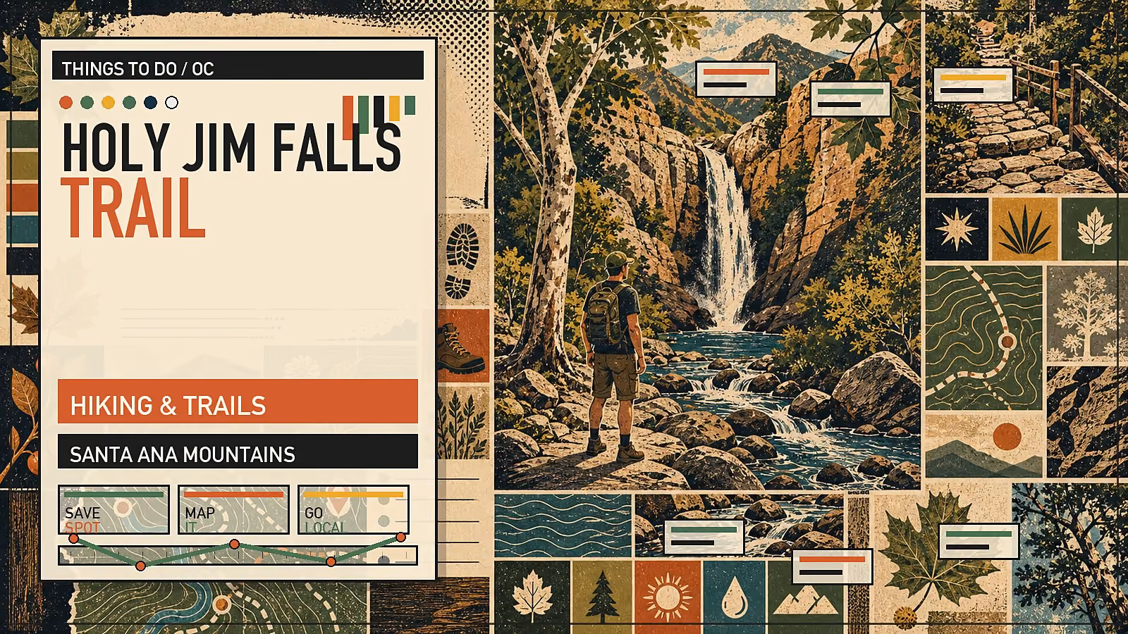 Editorial illustration of Holy Jim Falls Trail in Trabuco Canyon with seasonal waterfall, streamside canopy, and dirt trail.