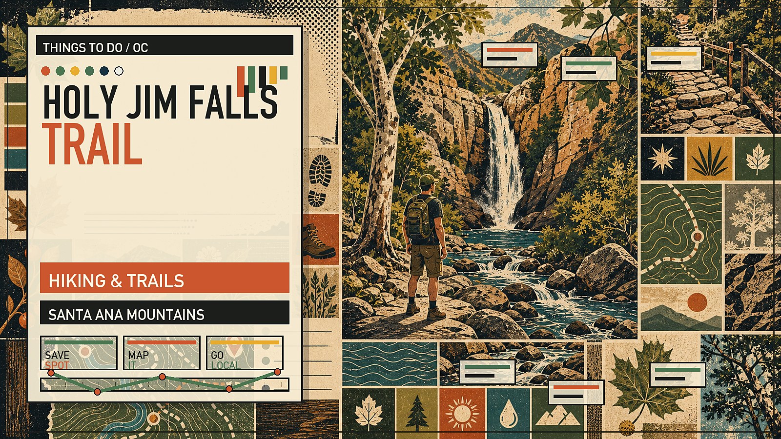 Editorial illustration of Holy Jim Falls Trail in Trabuco Canyon with seasonal waterfall, streamside canopy, and dirt trail.