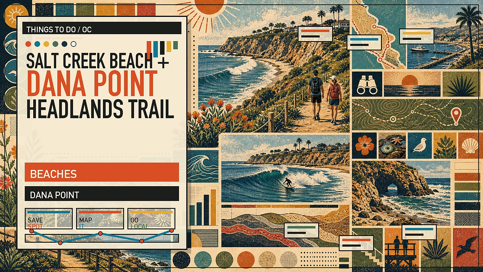 Editorial illustration of Salt Creek Beach and Dana Point Headlands with bluff-top trail, ocean views, and rocky coastline.