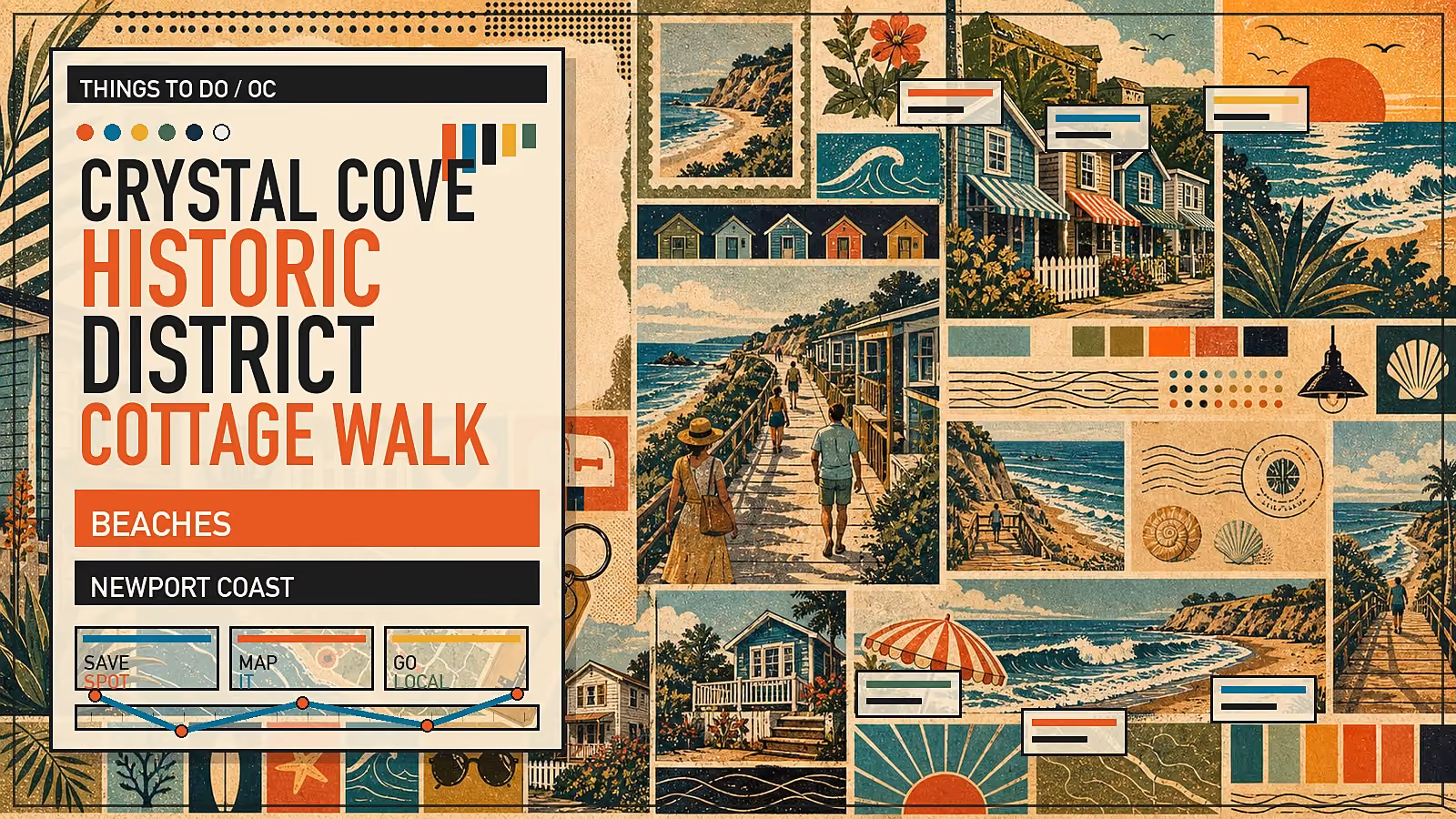 Editorial illustration of Crystal Cove Historic District with restored beach cottages tucked below coastal bluffs at Newport Coast.