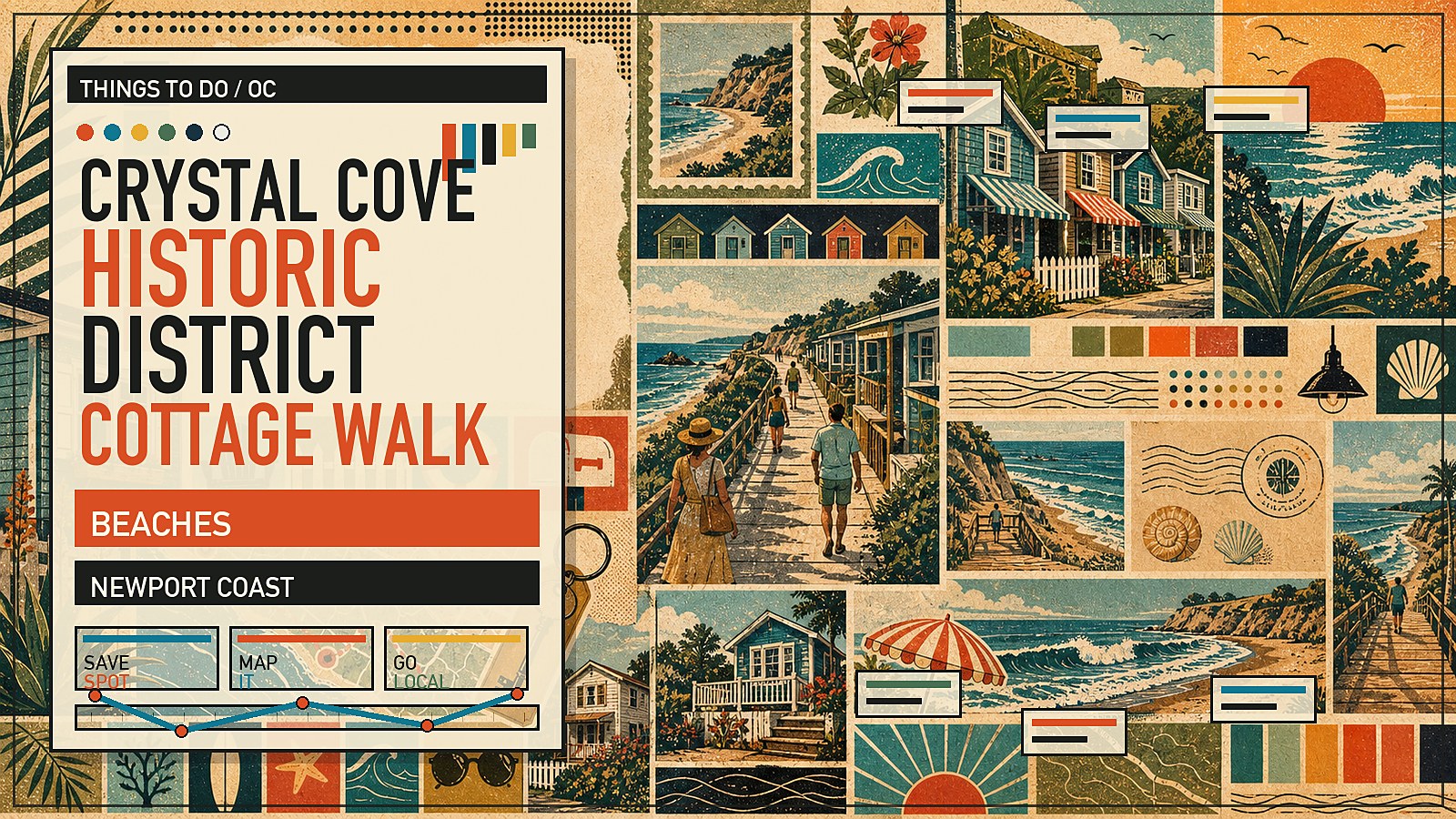Editorial illustration of Crystal Cove Historic District with restored beach cottages tucked below coastal bluffs at Newport Coast.