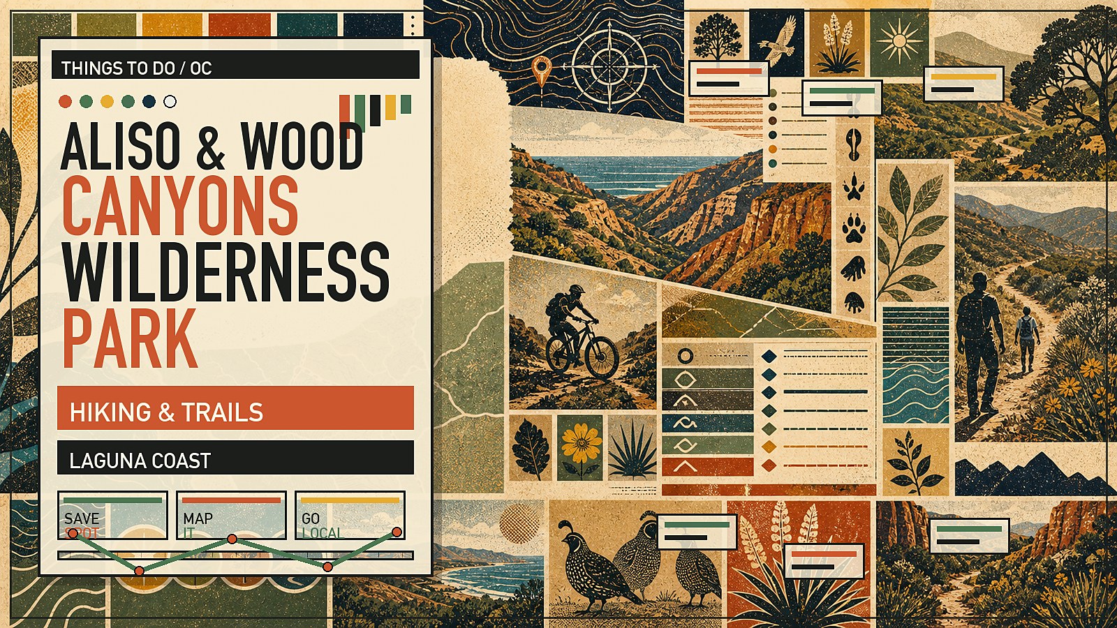 Editorial illustration of Aliso and Wood Canyons Wilderness Park with coastal-sage hills, ridgeline trails, and canyon views.