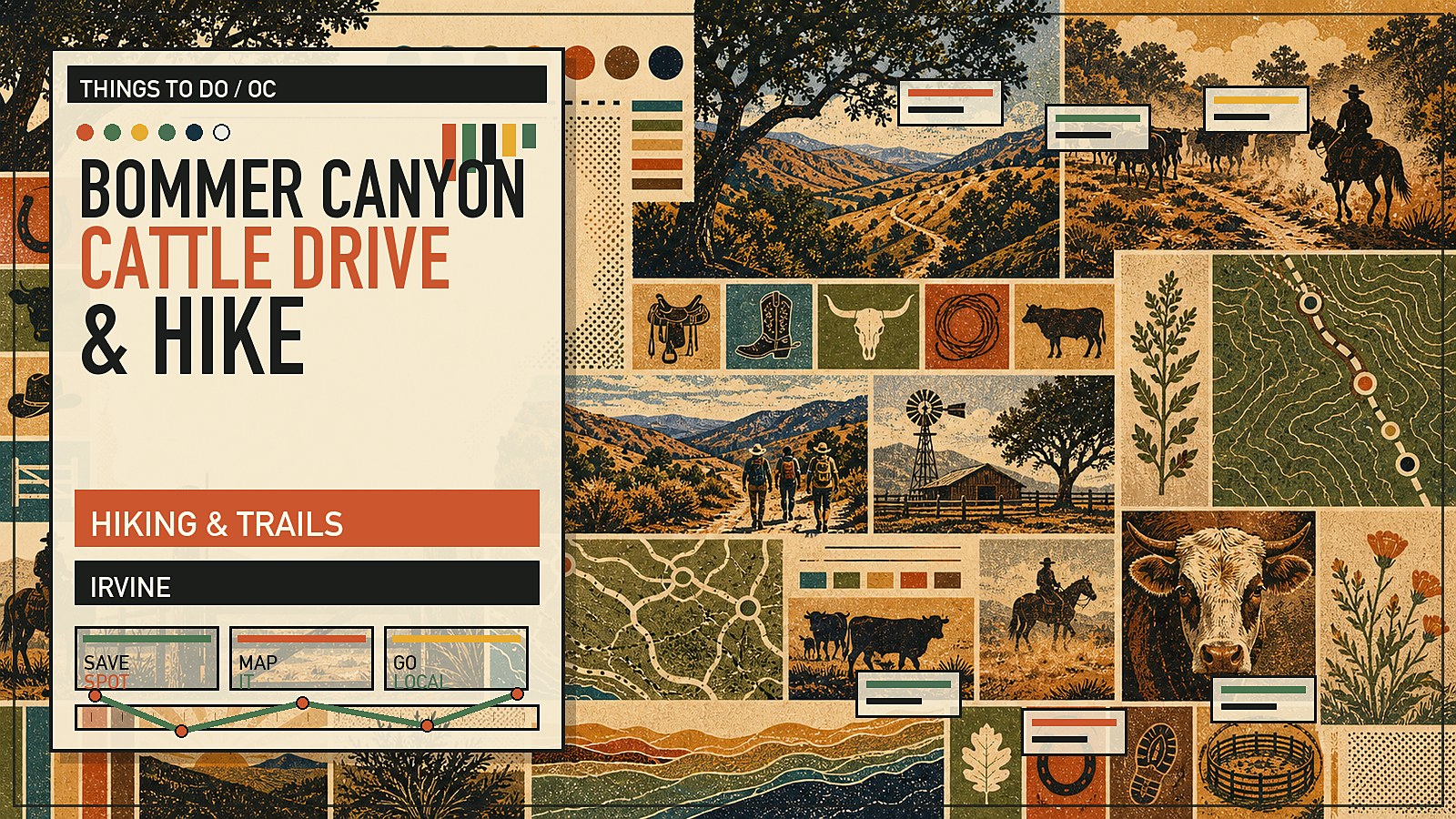 Editorial illustration of Bommer Canyon in Irvine with grassland hills, oak groves, and the historic cattle-camp corrals.