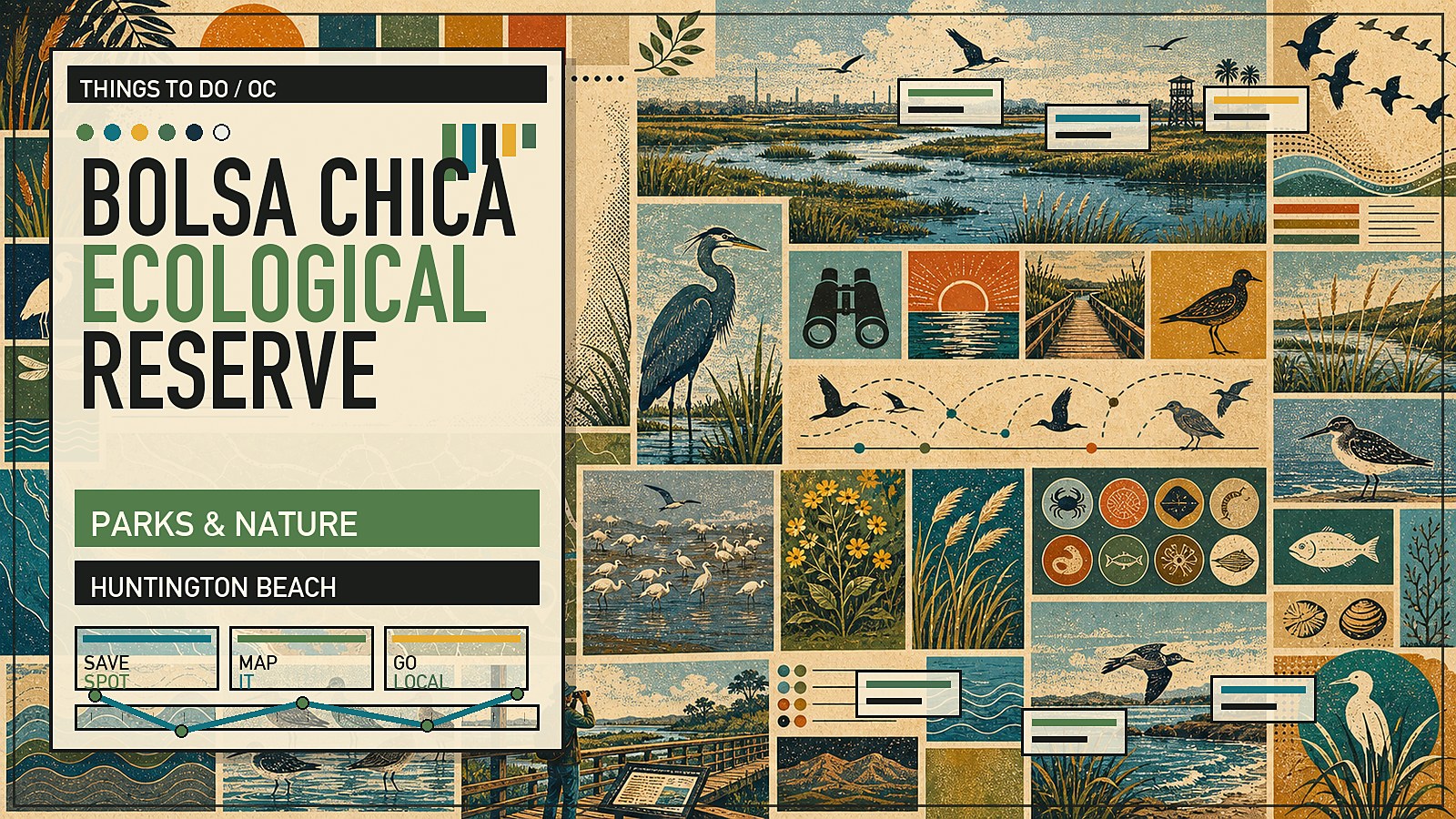 Editorial illustration of Bolsa Chica Ecological Reserve in Huntington Beach with tidal wetlands, boardwalks, and shorebirds.