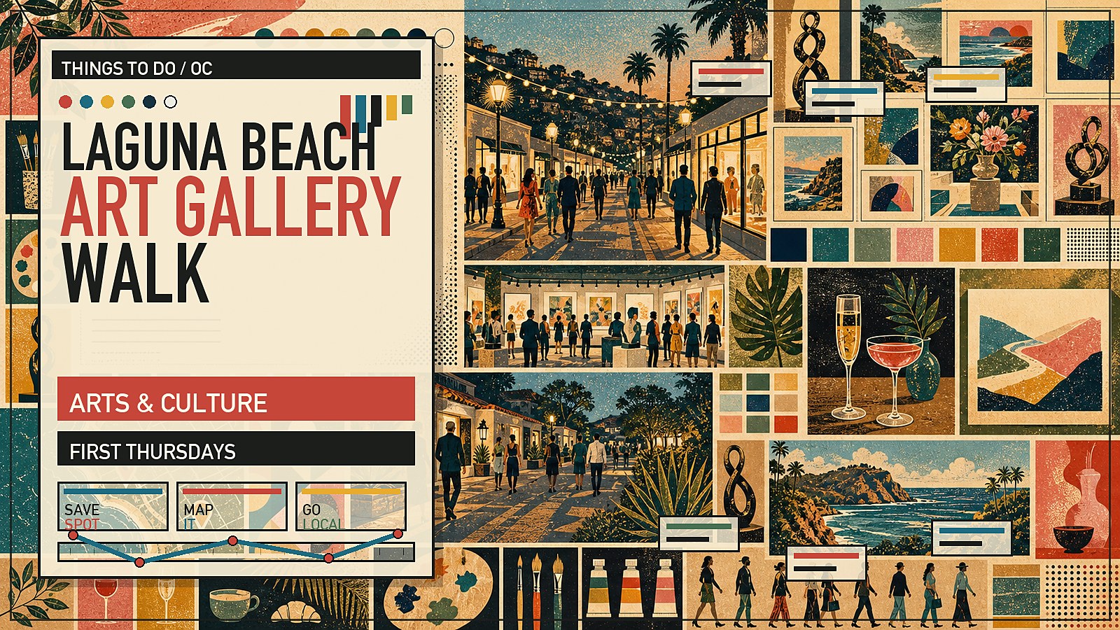 Editorial illustration of Laguna Beach First Thursdays Art Walk with village galleries lit at dusk and open exhibitions.