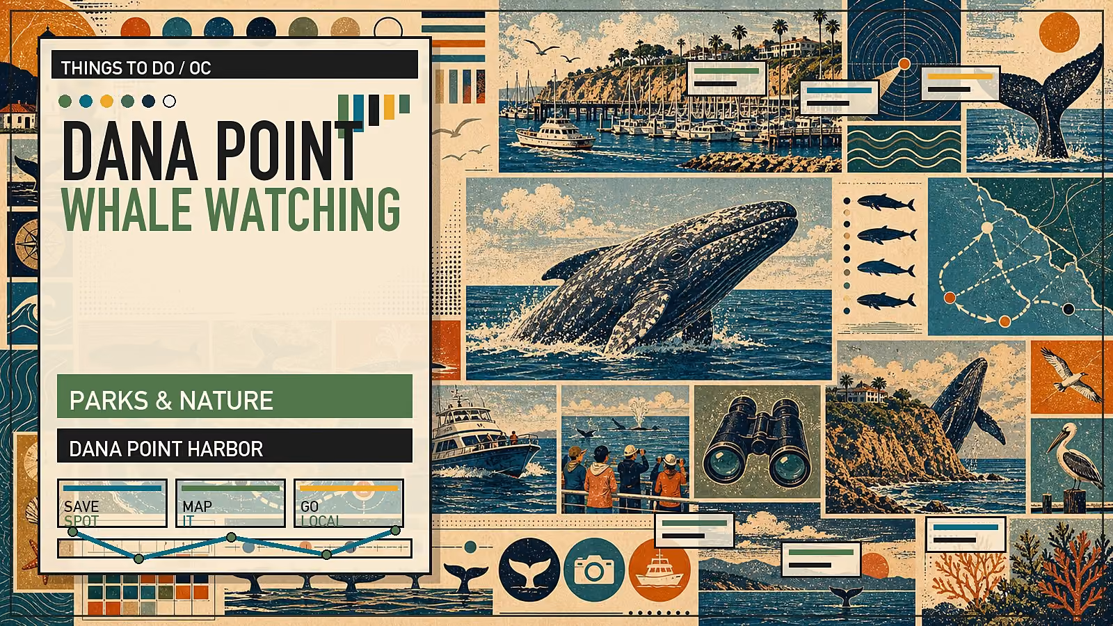 Editorial illustration of Dana Point Harbor whale watching, with boats heading out for marine mammal viewing off the Orange County coast.