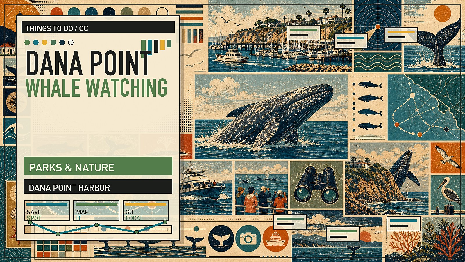 Editorial illustration of Dana Point Harbor whale watching, with boats heading out for marine mammal viewing off the Orange County coast.