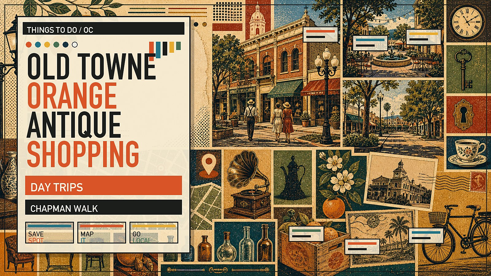 Editorial illustration of Old Towne Orange Plaza with antique storefronts, brick sidewalks, and the historic Chapman-Glassell traffic circle.