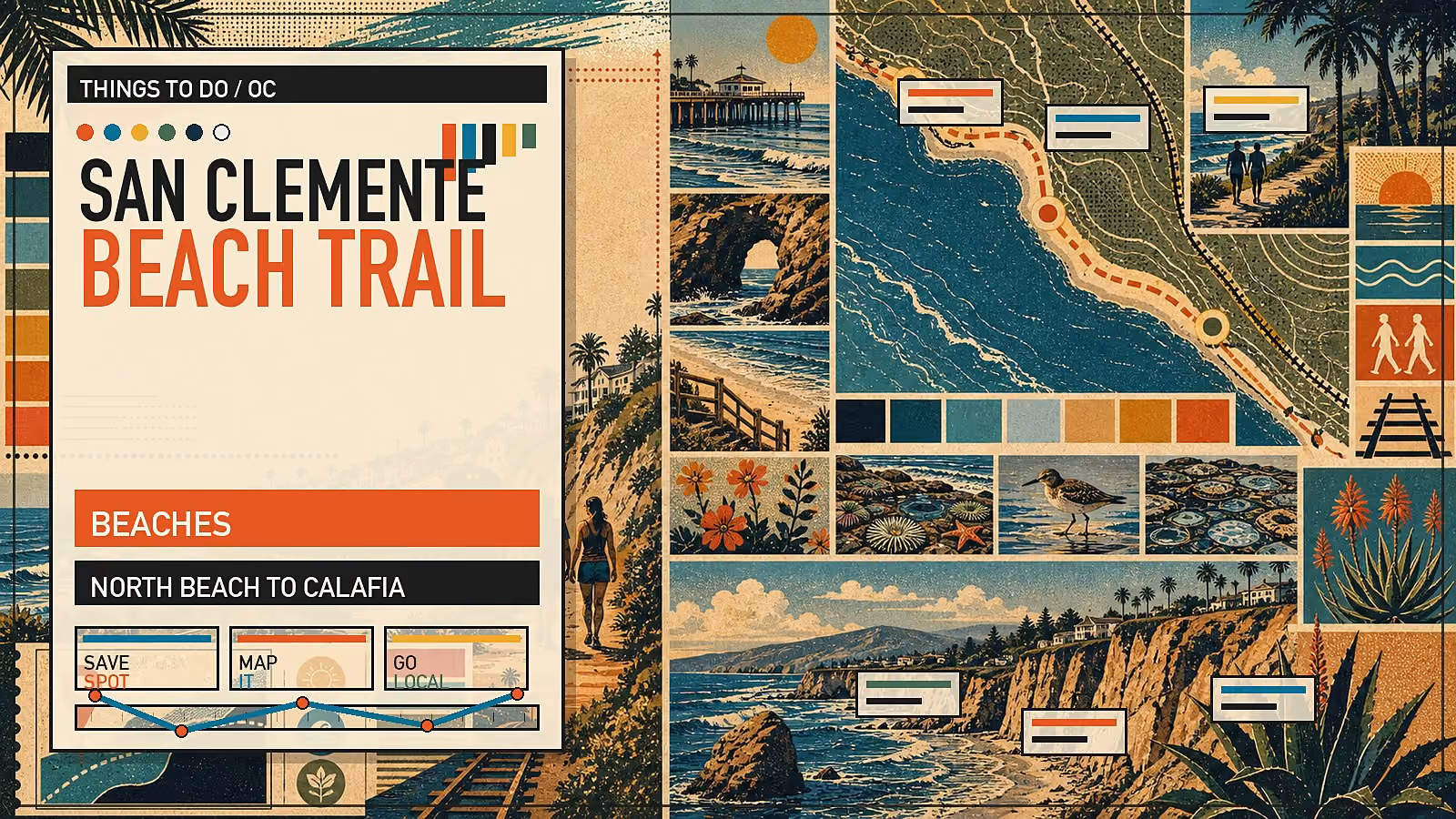 Editorial illustration of the San Clemente Beach Trail with bluff walk, coastal rail line, and Pacific ocean views.