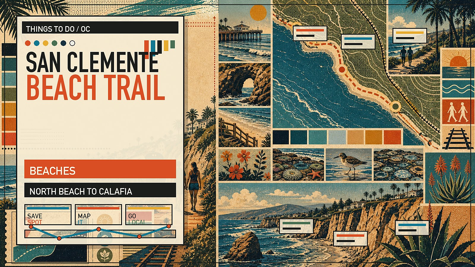 Editorial illustration of the San Clemente Beach Trail with bluff walk, coastal rail line, and Pacific ocean views.