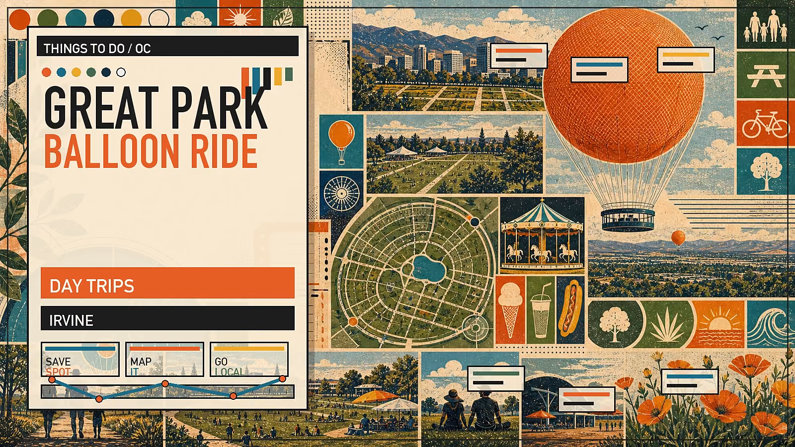 Editorial illustration of the Great Park Balloon in Irvine with a bright orange tethered helium balloon rising above the former airbase.