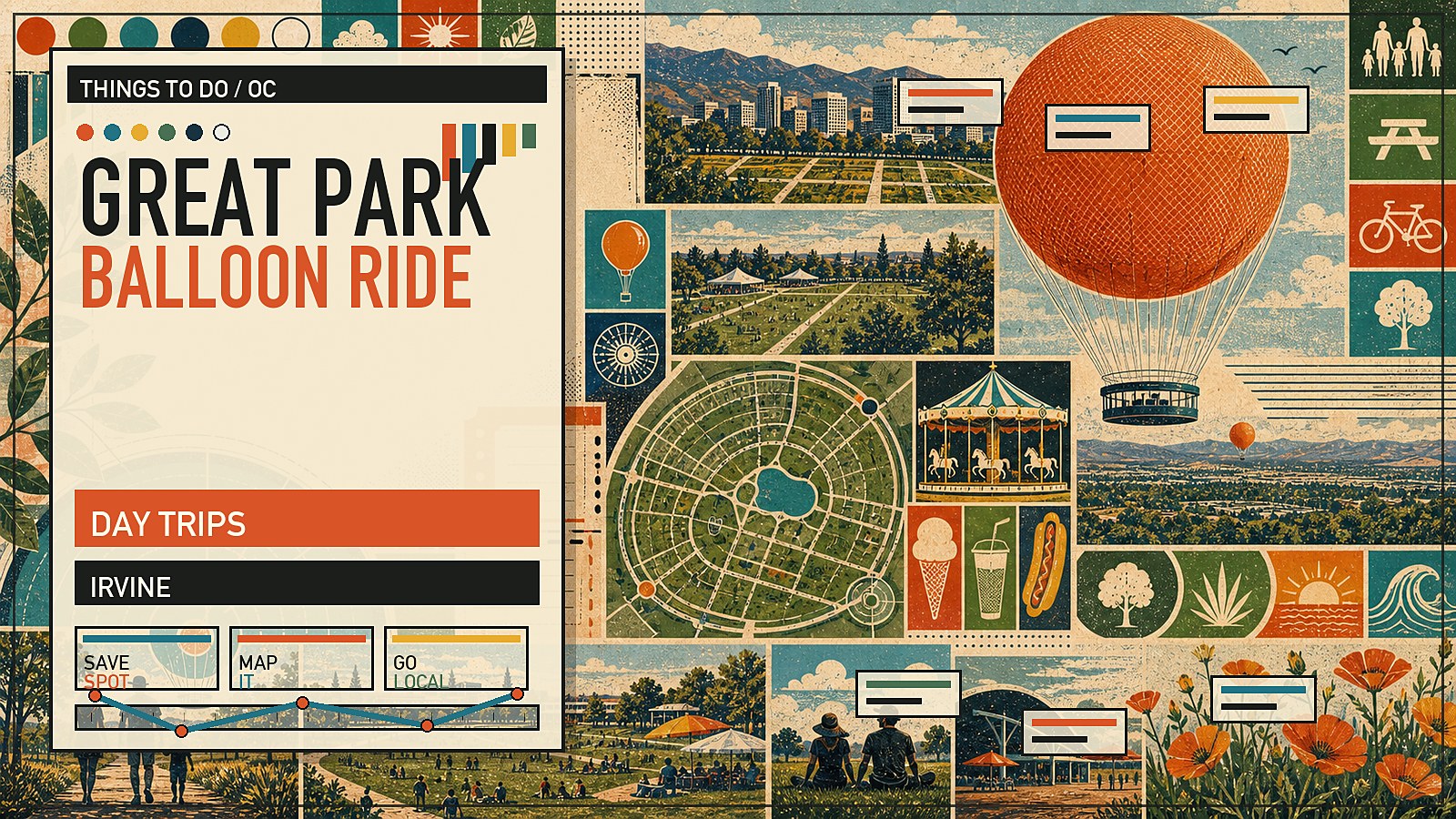 Editorial illustration of the Great Park Balloon in Irvine with a bright orange tethered helium balloon rising above the former airbase.
