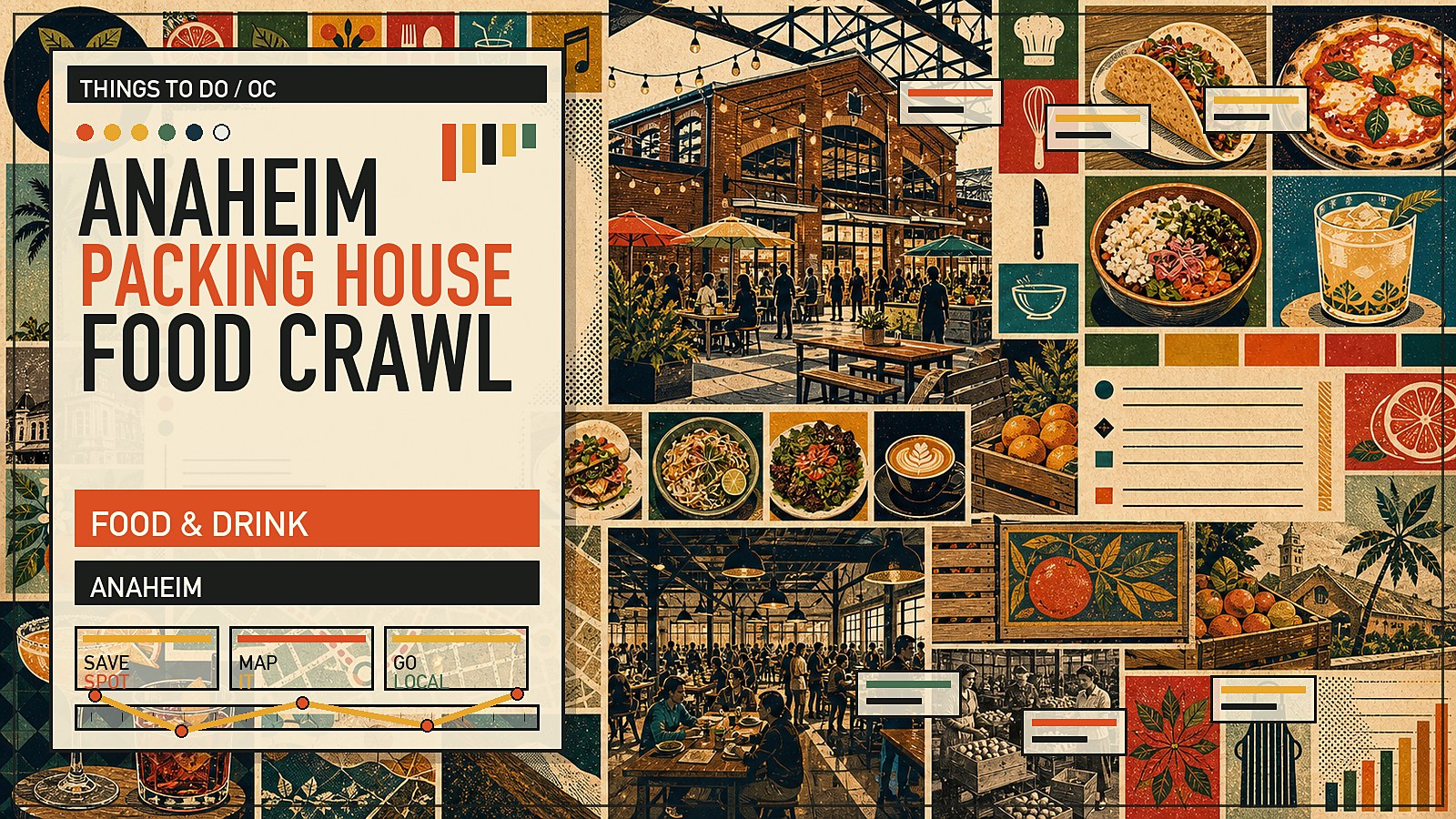 Editorial illustration of the Anaheim Packing House with citrus-era architecture, food vendor stalls, and interior mezzanine.