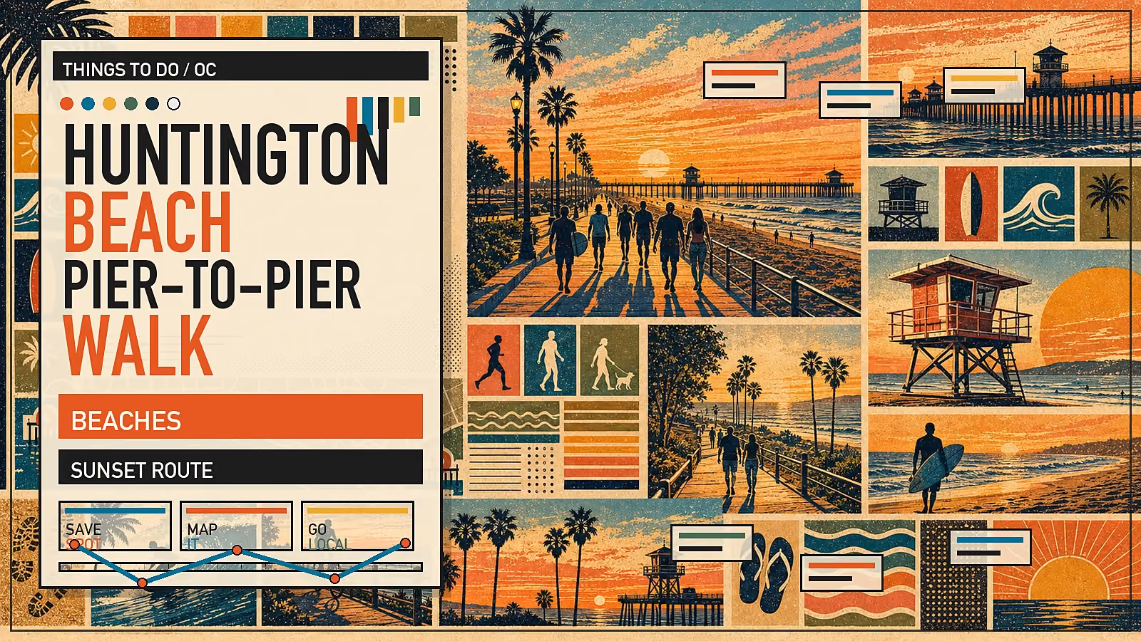 Editorial illustration of Huntington Beach Pier at sunset with silhouetted surfers, the pier cafe, and Pacific horizon.