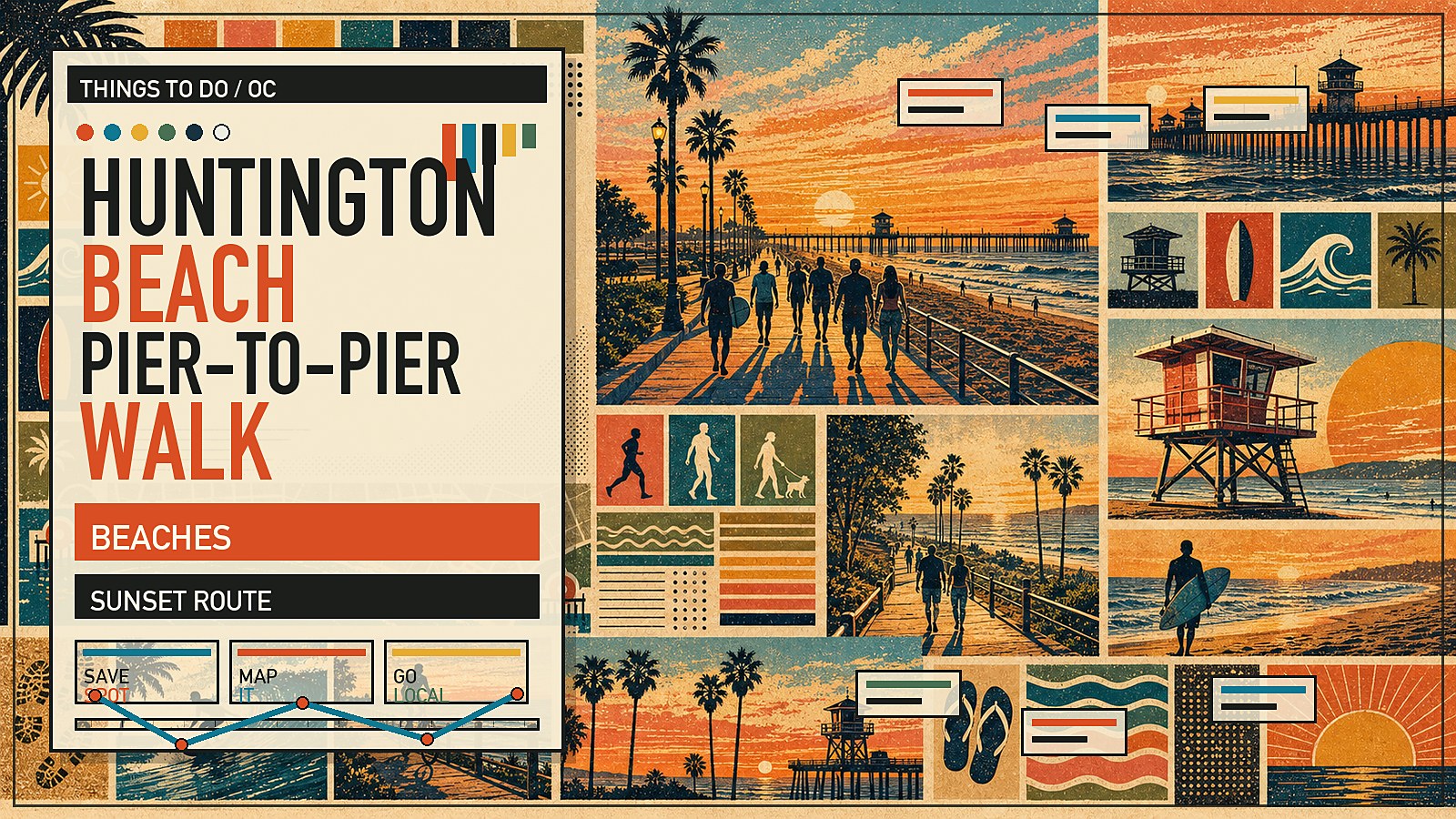 Editorial illustration of Huntington Beach Pier at sunset with silhouetted surfers, the pier cafe, and Pacific horizon.