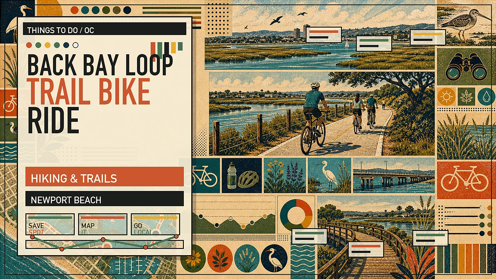 Editorial illustration of the Back Bay Loop Trail in Newport Beach with the Upper Newport Bay ecological reserve and bike path.