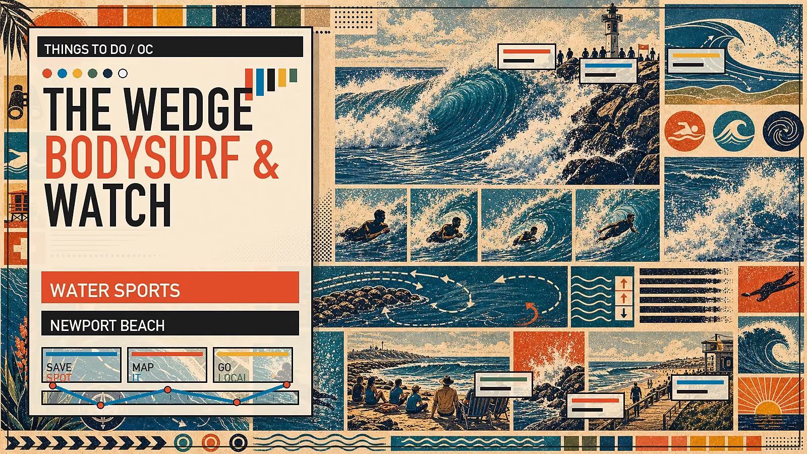 Editorial illustration of the Wedge in Newport Beach with legendary wedge-wave bodysurfing off the Balboa Peninsula jetty.