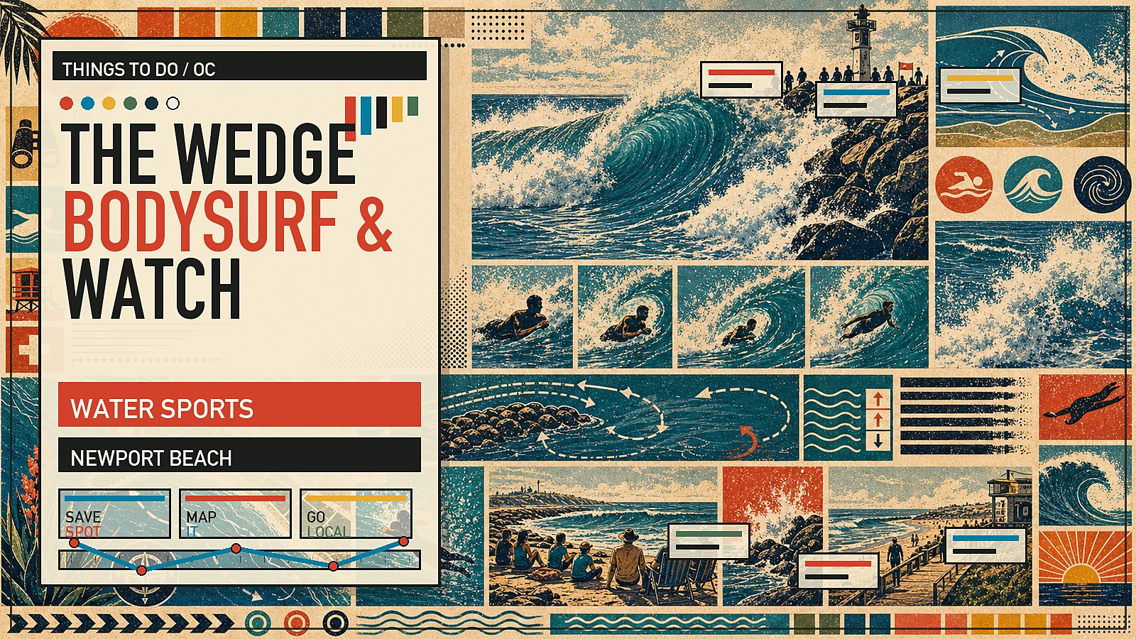 Editorial illustration of the Wedge in Newport Beach with legendary wedge-wave bodysurfing off the Balboa Peninsula jetty.