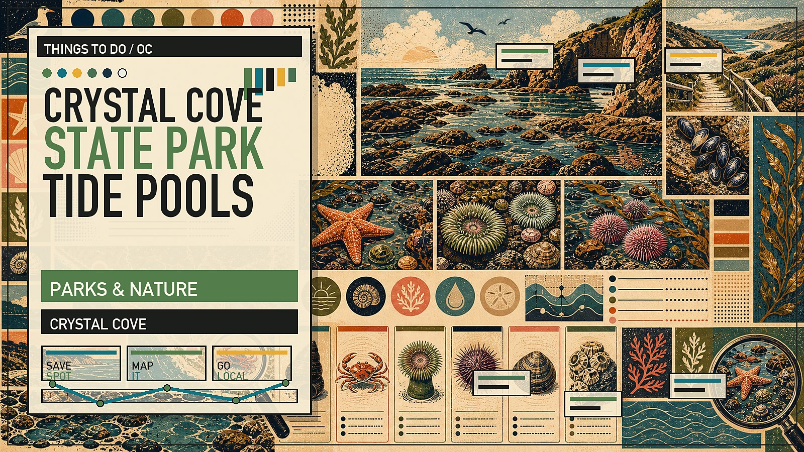 Editorial illustration of Crystal Cove tide pools at low tide with sea anemones, starfish, and sandstone reef exposed along the shoreline.