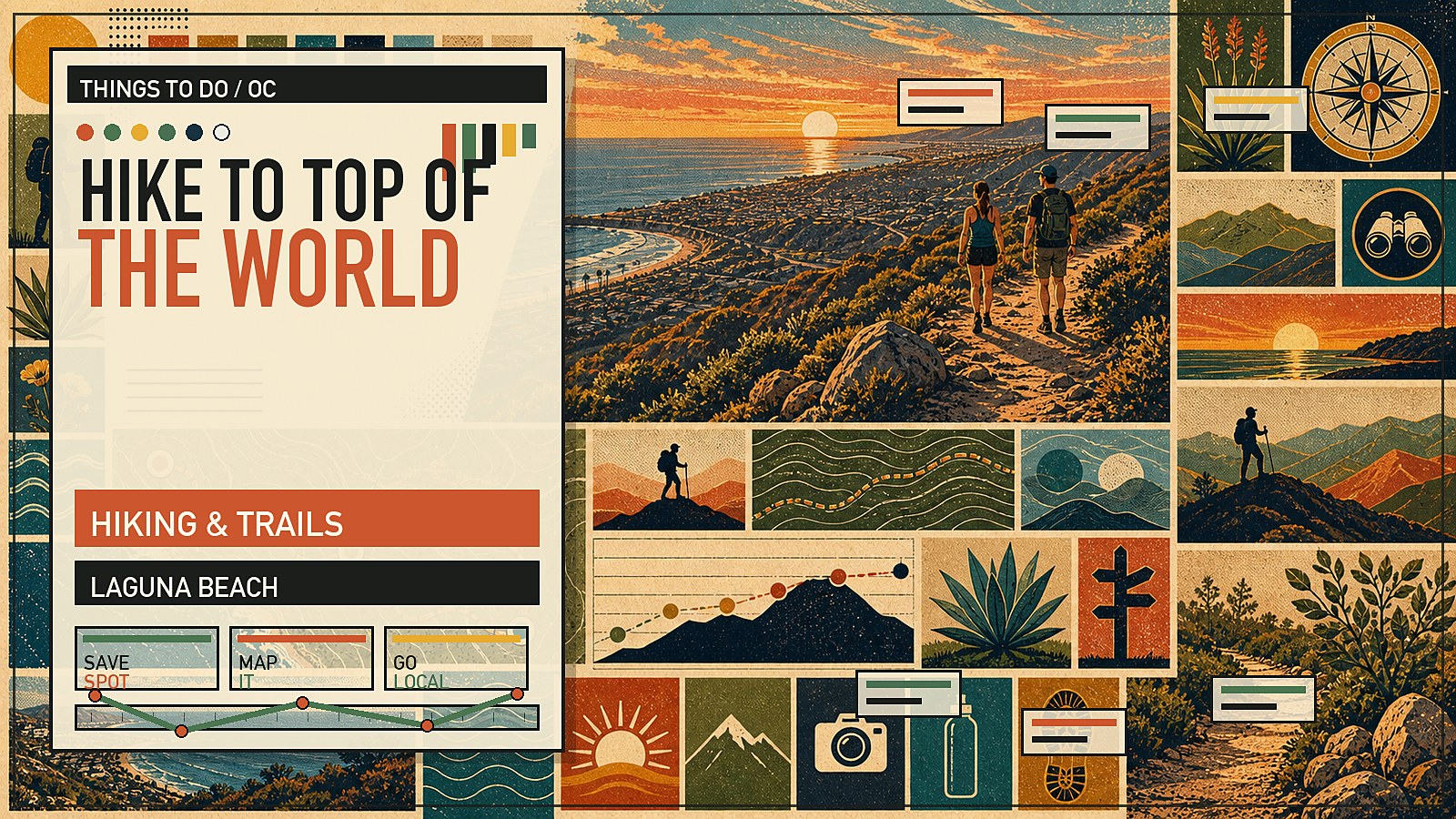 Editorial illustration of the Top of the World hike in Laguna Beach with a panoramic Pacific view, canyon-crest trail, and boulder overlook.