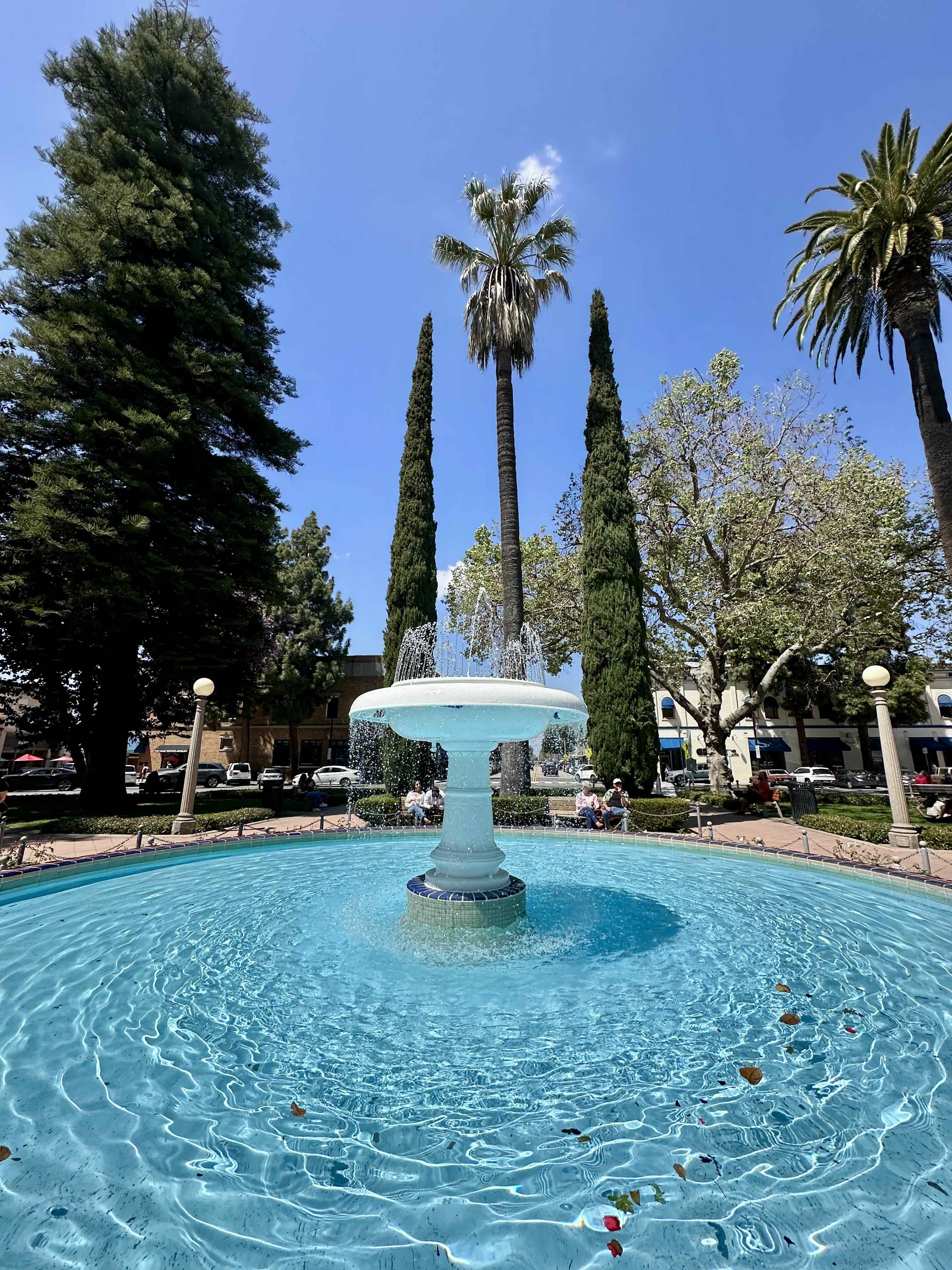 The 1937 illuminated Westinghouse fountain at the center of the Orange Plaza traffic circle at Glassell and Chapman in Old Towne Orange.