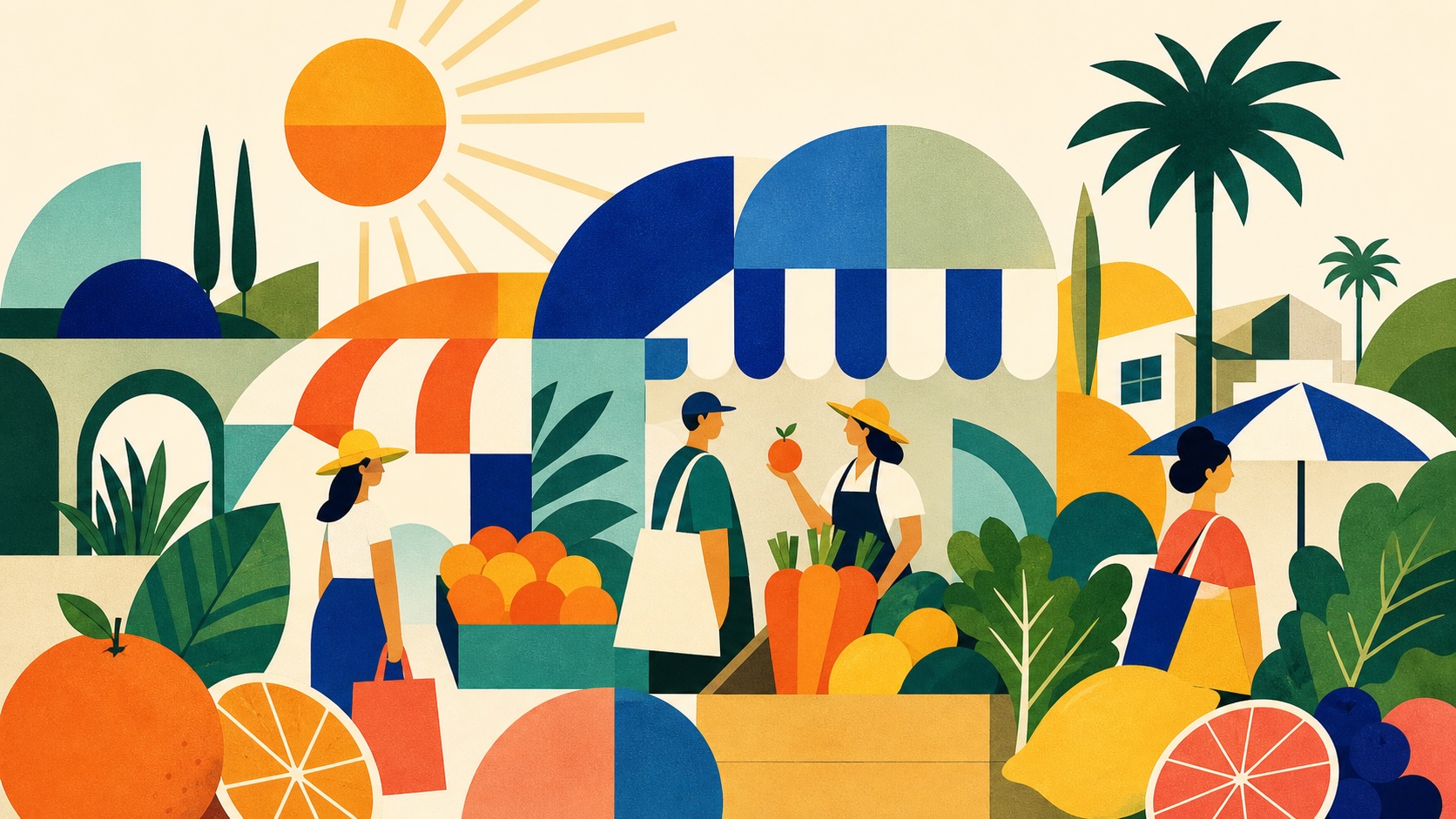 Saturday morning farmers market at Mariners Church in Irvine with produce stalls and vendors.