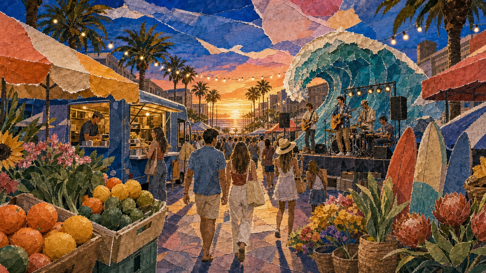 Tuesday street fair on Main Street in Downtown Huntington Beach with vendors, music, and a crowd at Surf City Nights.