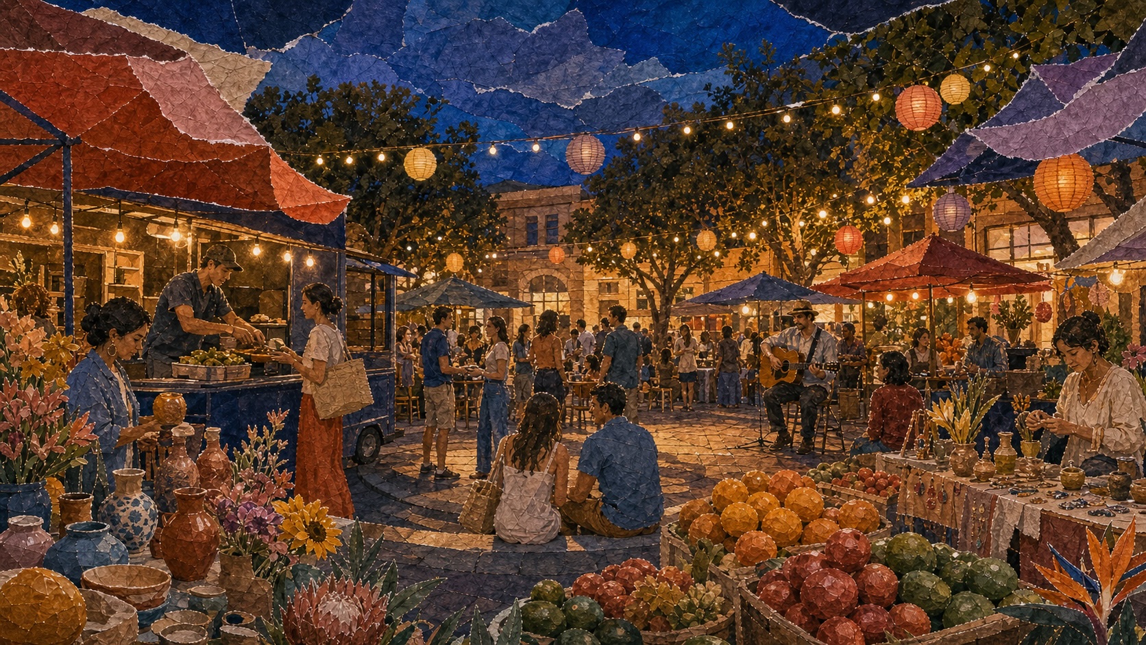 Thursday evening street fair vendors and lit stalls at Downtown Fullerton Market Night on East Wilshire Avenue.