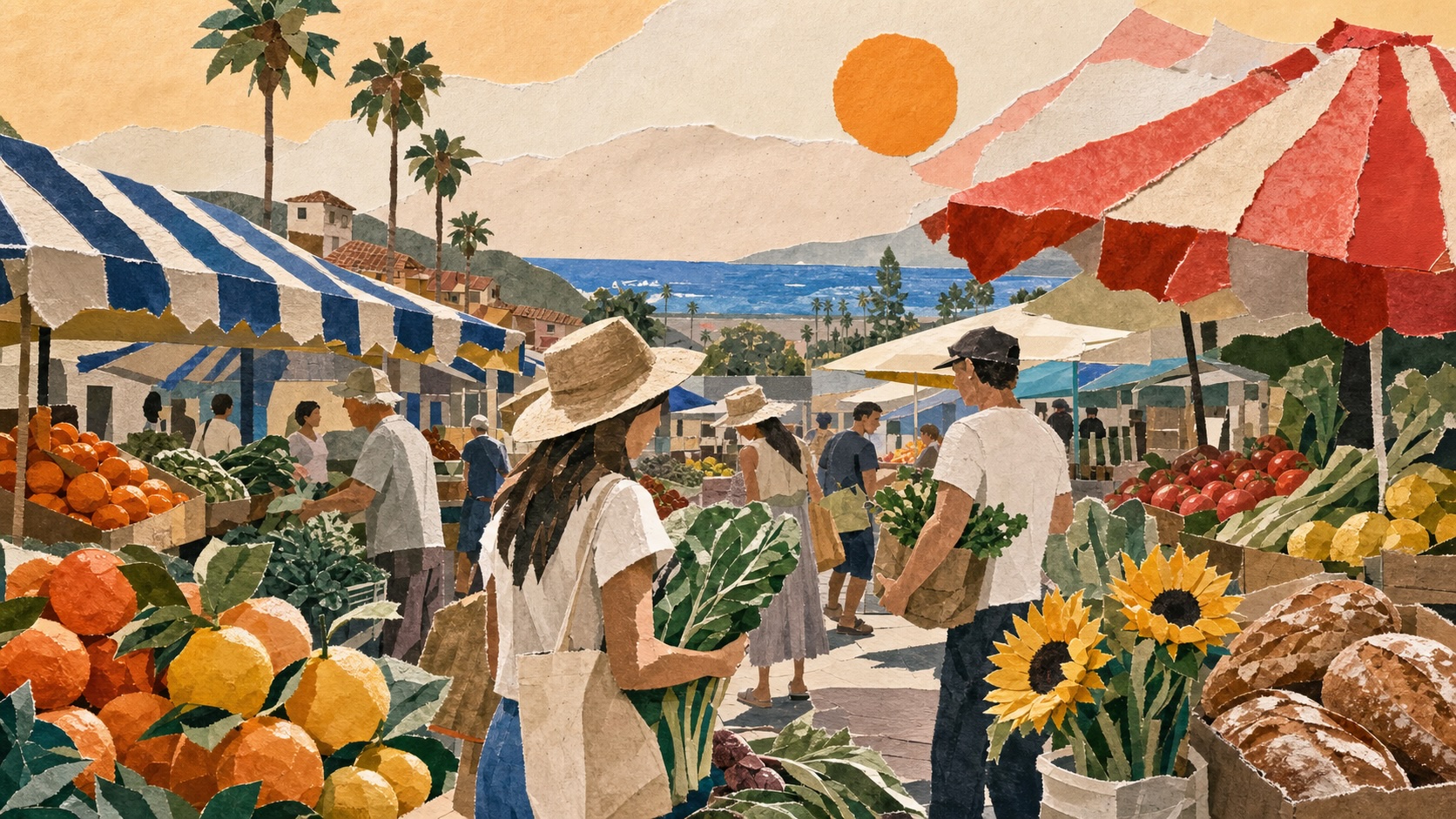 Saturday morning produce and vendor stalls at the Laguna Beach Farmers Market in the Lumberyard Parking Lot on Forest Avenue.
