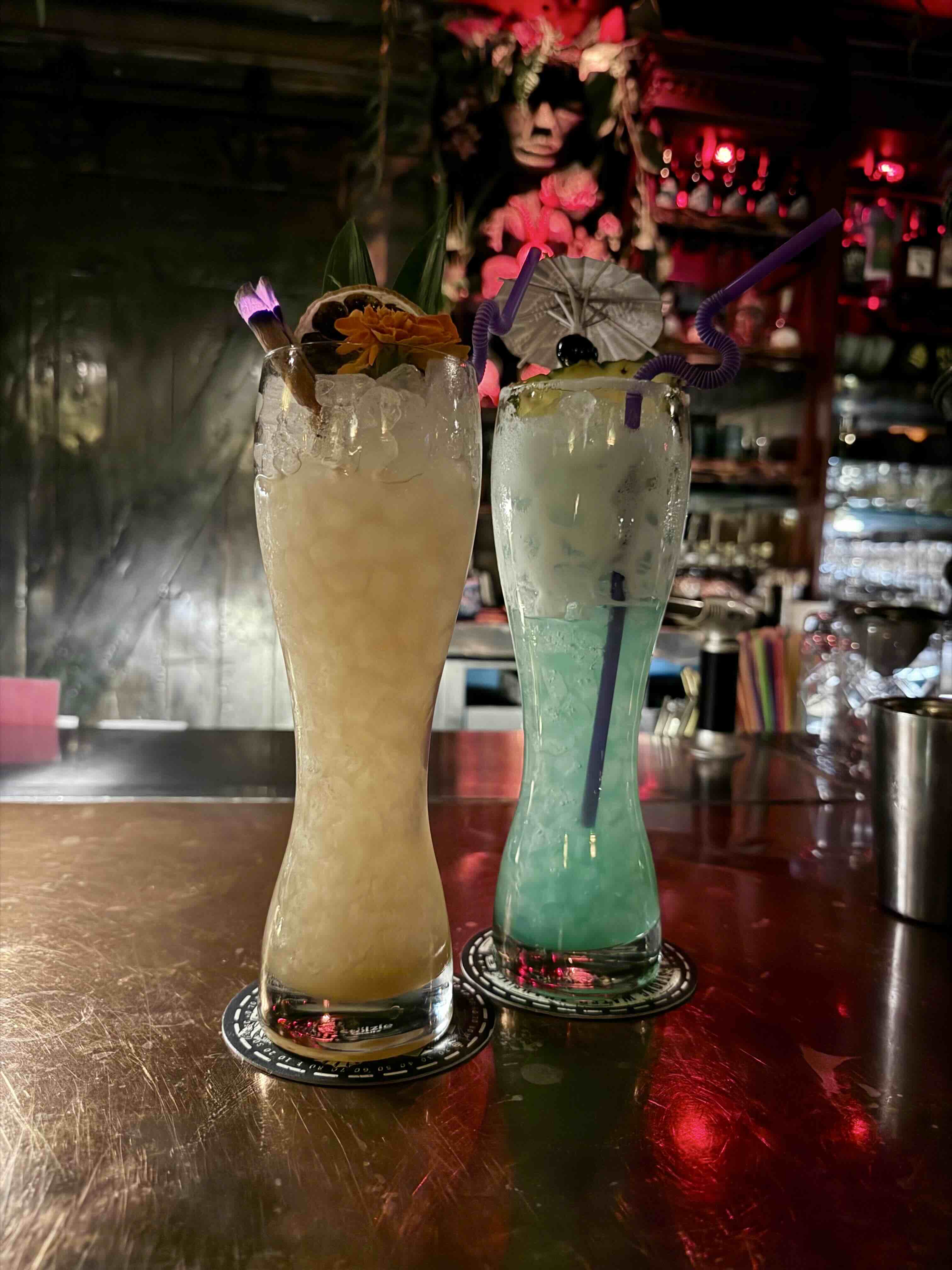 Cocktails on the bar at Strong Water in Anaheim.
