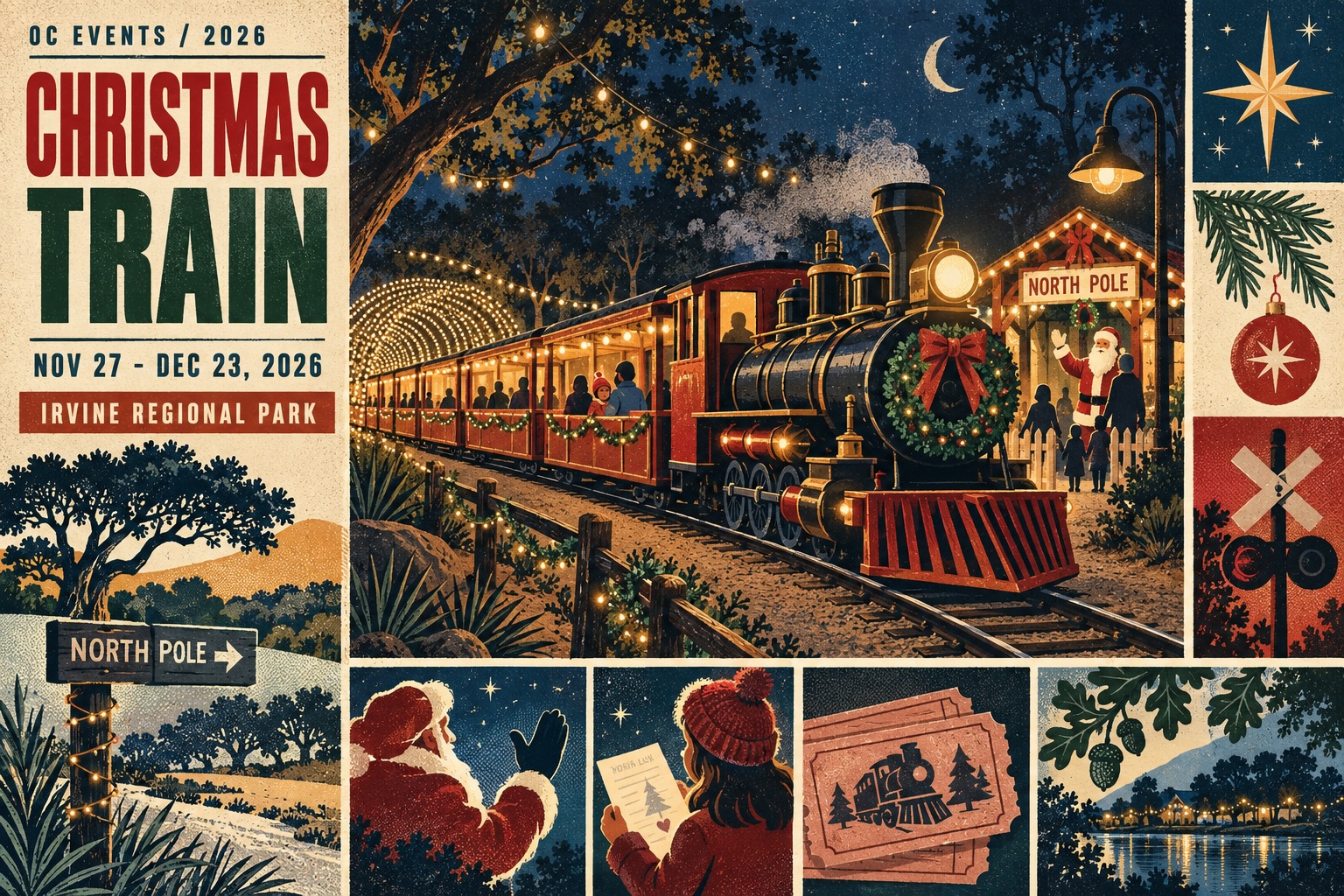 Editorial collage of Irvine Park Railroad's Christmas Train arriving at a holiday-lit North Pole stop in Irvine Regional Park, with Santa, oak trees and a tunnel of lights.