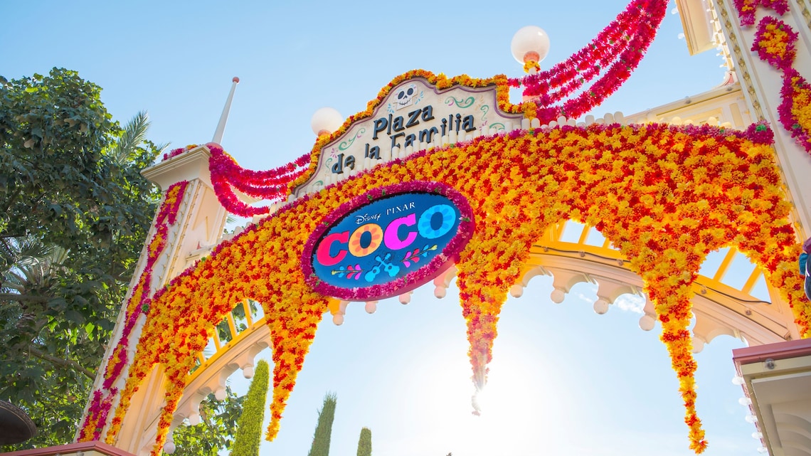 Plaza de la Familia at Disney California Adventure in Anaheim — Dia de los Muertos celebration themed around Pixar's Coco at Paradise Gardens.