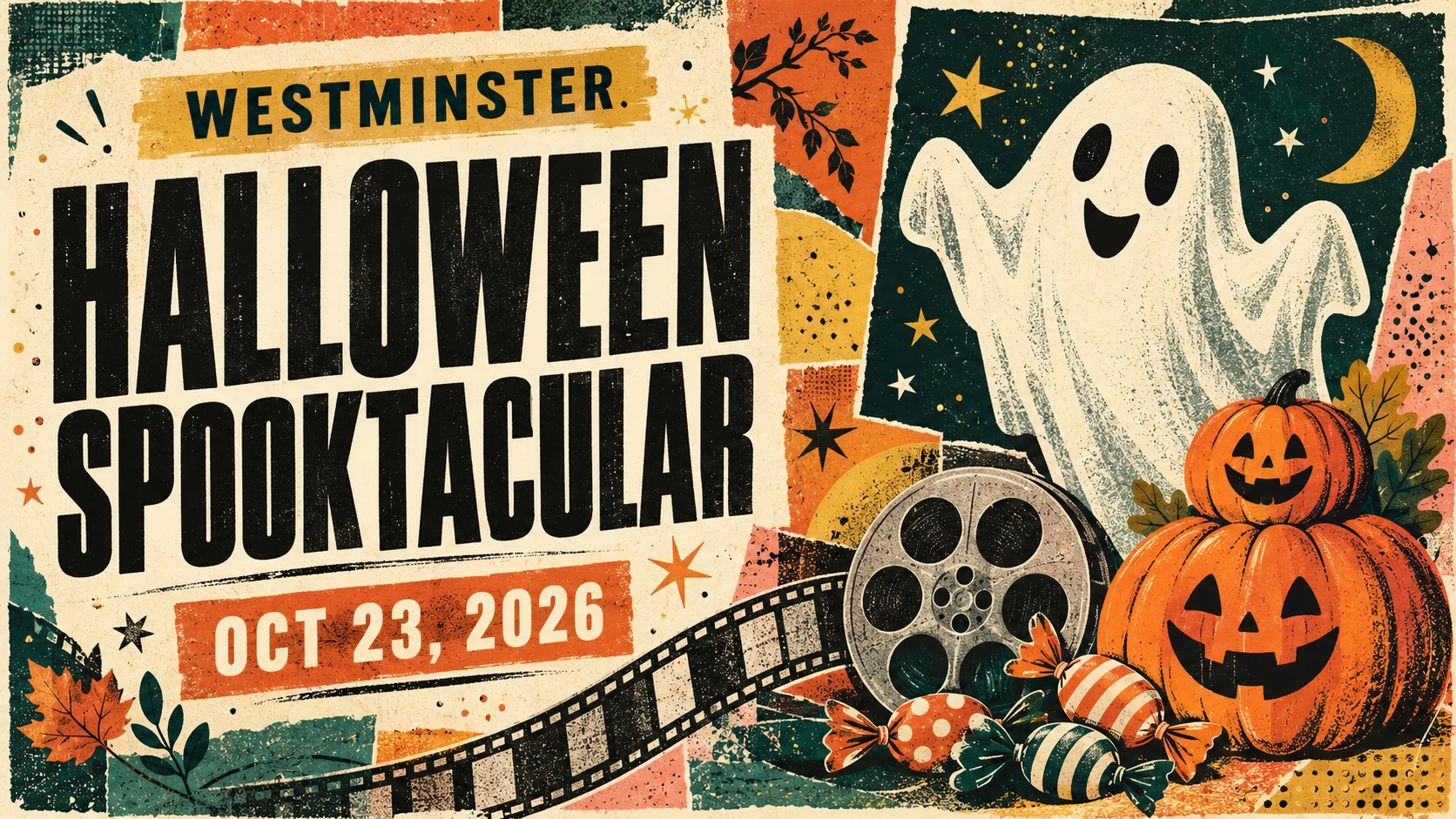 Editorial collage illustration for Westminster Halloween Spooktacular on October 23, 2026, with a friendly ghost, pumpkins, candy and a film reel.