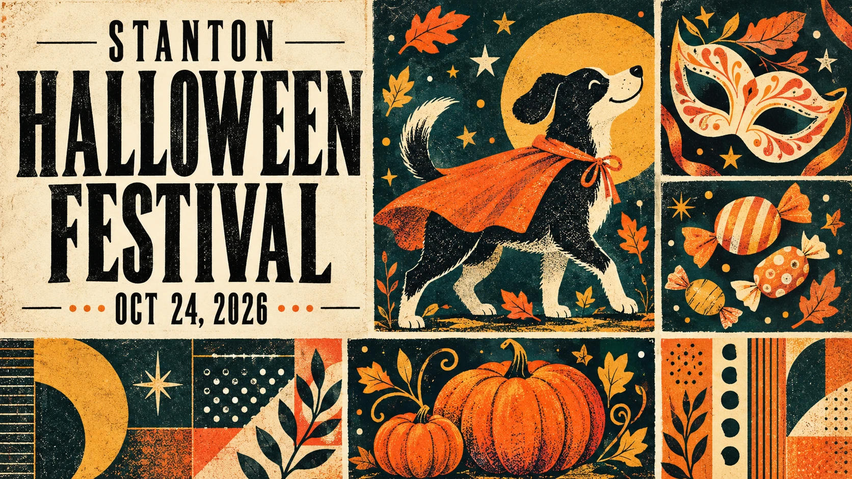 Editorial collage illustration for Stanton Halloween Festival on October 24, 2026, with a costumed dog, costume mask, candy and pumpkins.