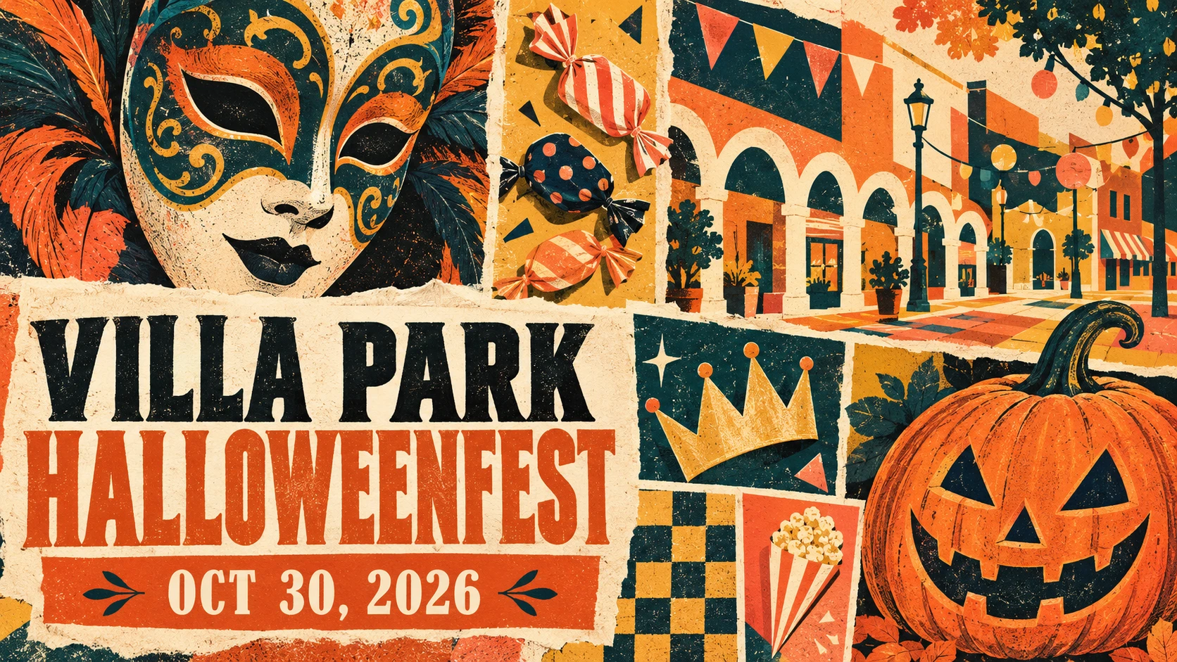 Editorial collage illustration for Villa Park HalloweenFest on October 30, 2026, with a costume mask, candy, pumpkin and an imagined town-center arcade.