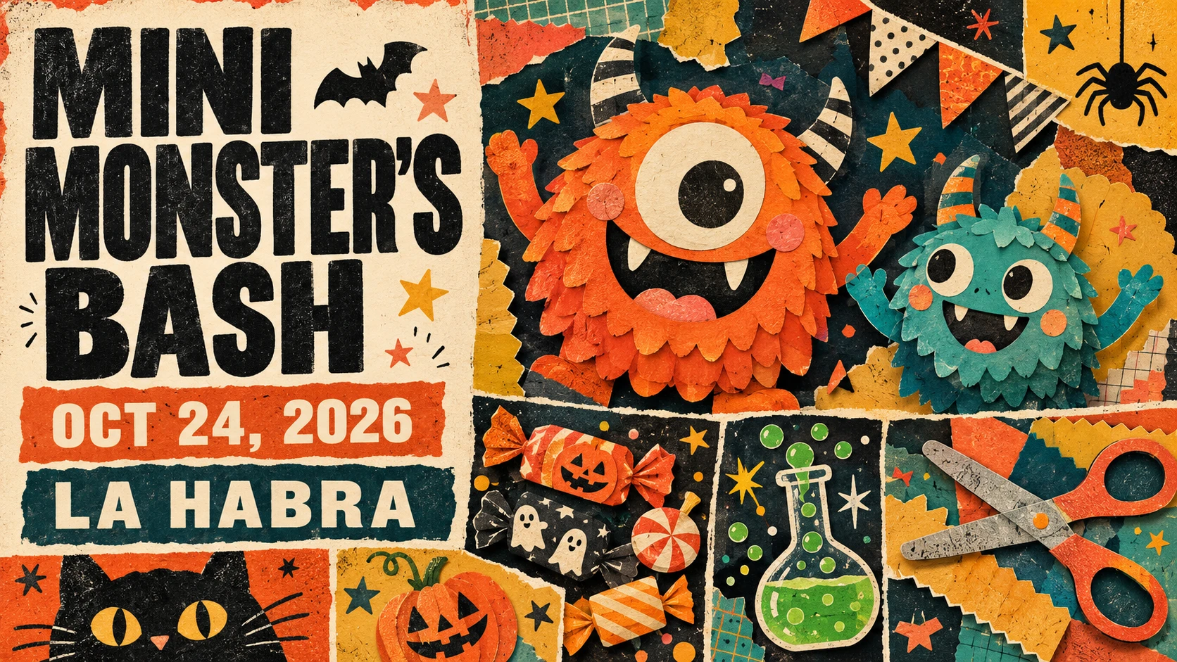 Editorial collage illustration for Mini Monster’s Bash in La Habra on October 24, 2026, with friendly paper monsters, candy, craft scissors and a science flask.