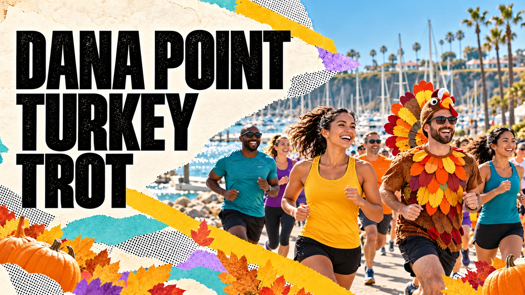 Editorial collage illustration for the 49th Annual Dana Point Turkey Trot on Thanksgiving morning at Dana Point Harbor, with runners, race bib, and harbor imagery.