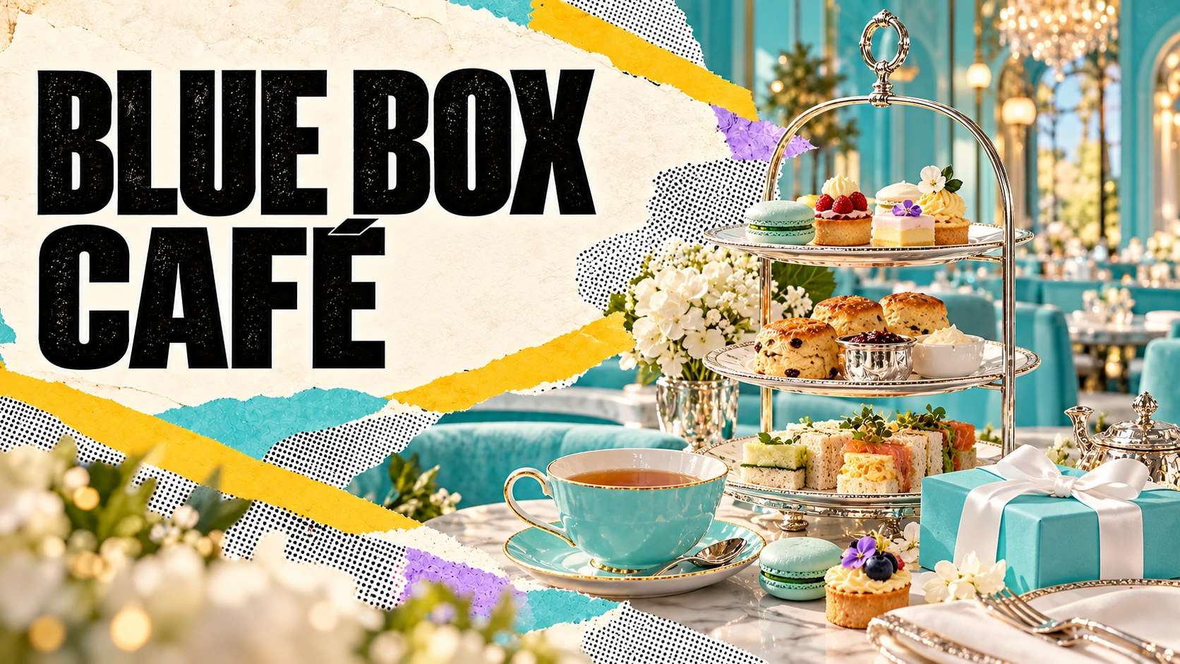 Editorial collage illustration for Blue Box Cafe by Daniel Boulud at Tiffany & Co., South Coast Plaza, with Tiffany Blue palette, tea service, and signature Blue Box cake imagery.