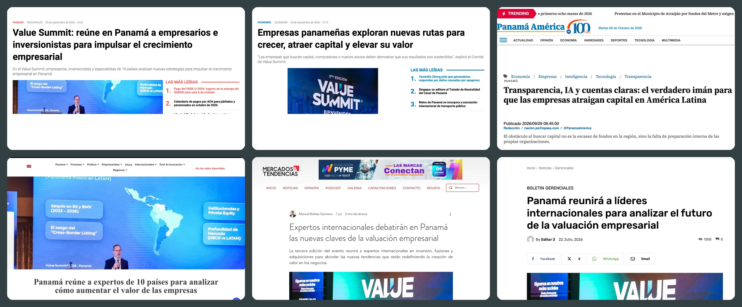 Notas de prensa sobre Value Summit 2026 en Telemetro, ECO TV, Panamá América, Economía Panamá, Mercados & Tendencias y News in America